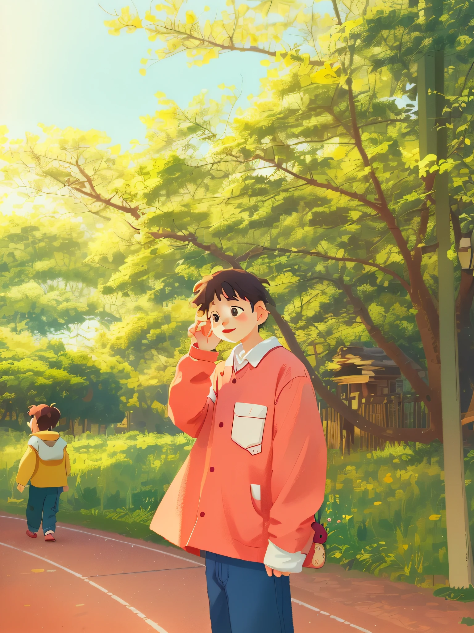 Happy kids girl。idyllic scenery。Children's clothing for boys。The color is smooth。Simple art。In Studio Ghibli style。Strawberry character style。