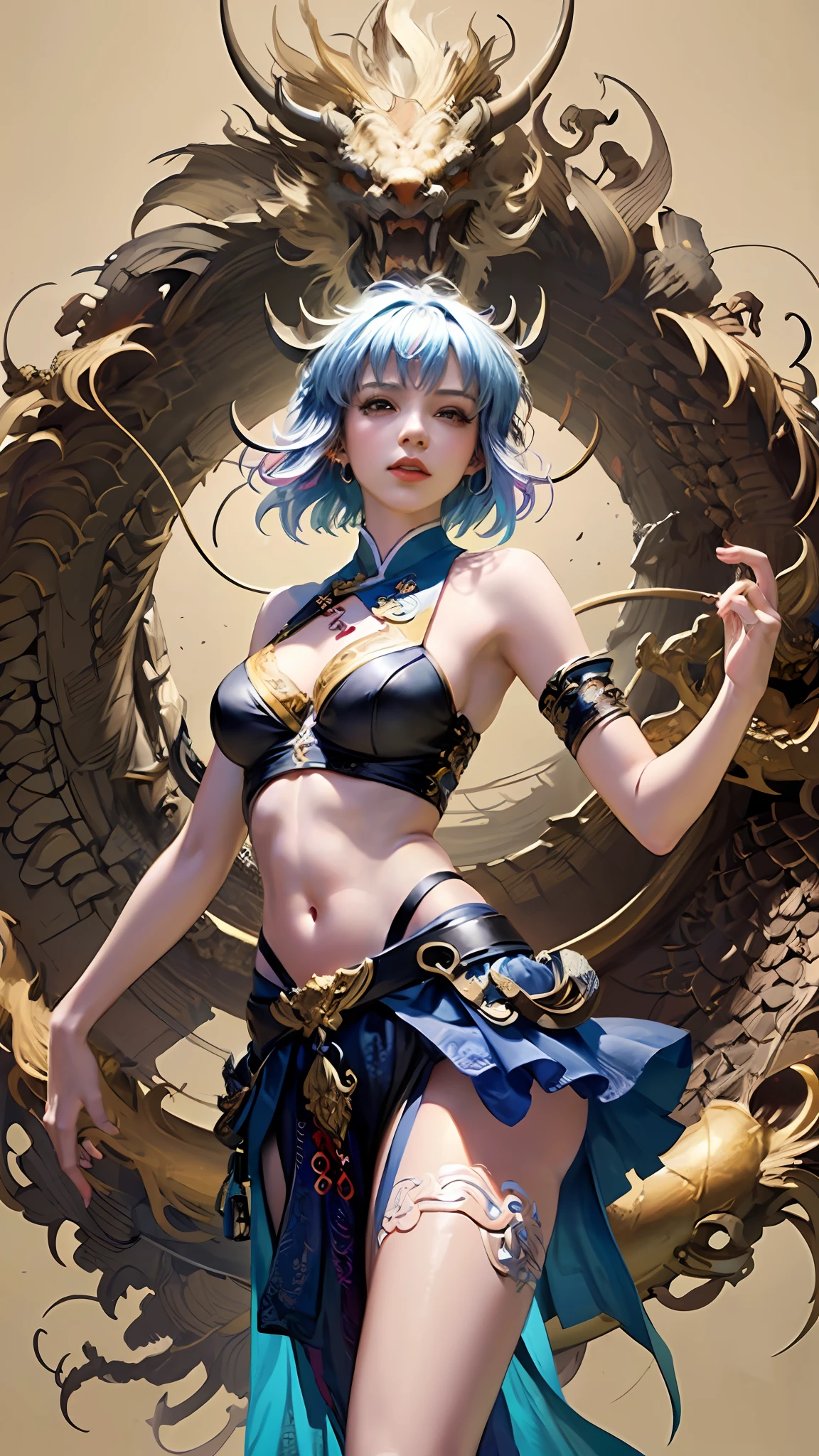Official Art, Unified 8K Wallpapers, Ultra Detailed, Beautiful and Aesthetic, Masterpiece, Best Quality, (Zentangle, Tangle, Entangle), (fractal art: 1.4), 1girl, black hair, Chinese, bare shoulders, short skirt, calf, navel, very detailed, dynamic angle, cowboyshot, (most beautiful form chaos), flowing, (bright colors), oc, (half: 1.2), china, (thangka flying sky: 1.5), (ribbon: 1.3), (dream: 1.5), (hanfu: 1.5), Chinese dragon, Chinese phoenix, (smile: 0.5), (Chinese deity),