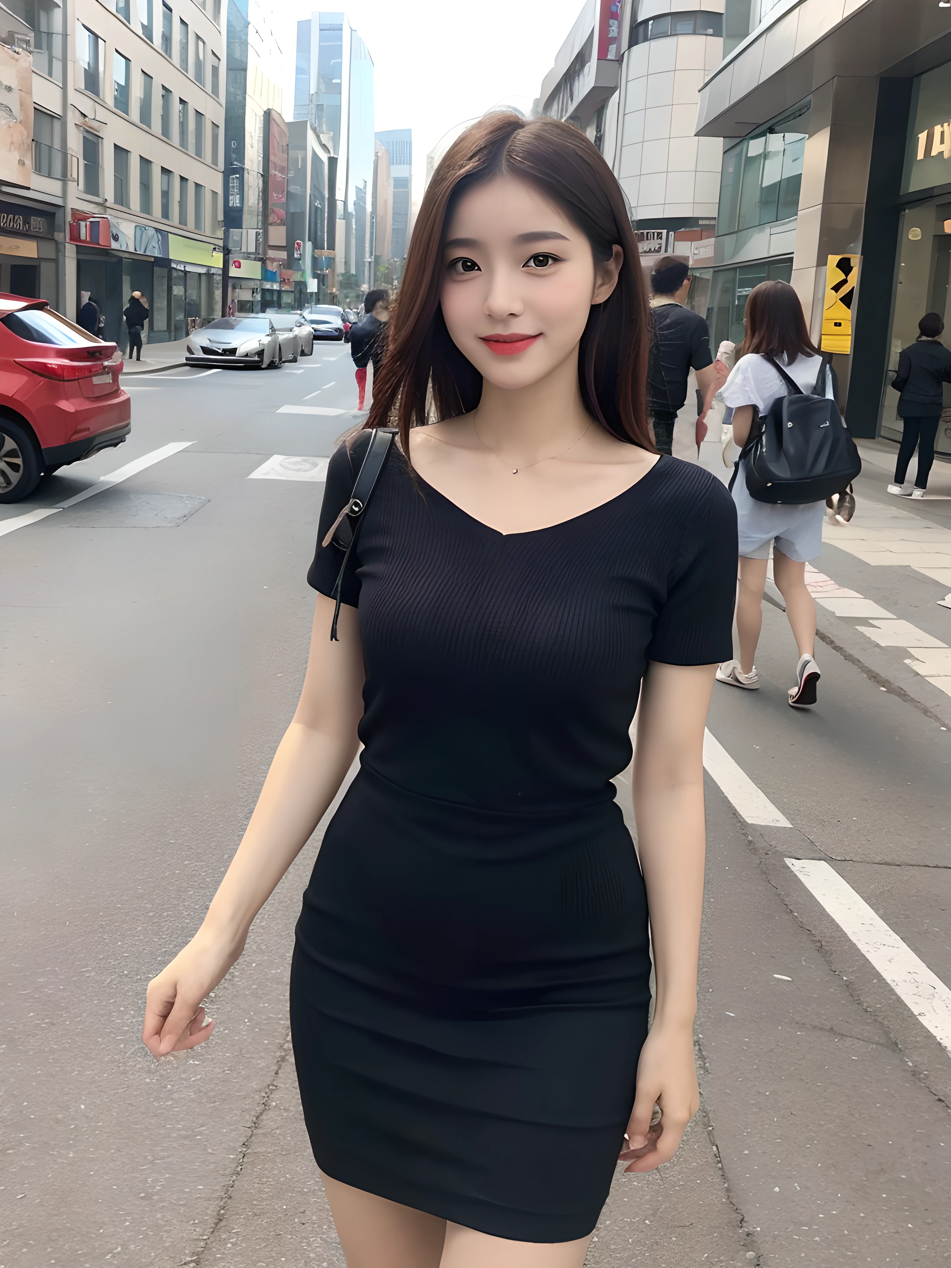 ((Best Quality, 8K, Masterpiece: 1.3)), Fat Body Beauty: 1.4, 30 years old, mature, Bust fullness: 1.6, Thigh Volume: 1.6, Highly detailed face and skin texture, Delicate eyes, Double eyelids, Chubby face, thin lips, smile, fair skin, (dress: 1.6), Standing posture, city street background
