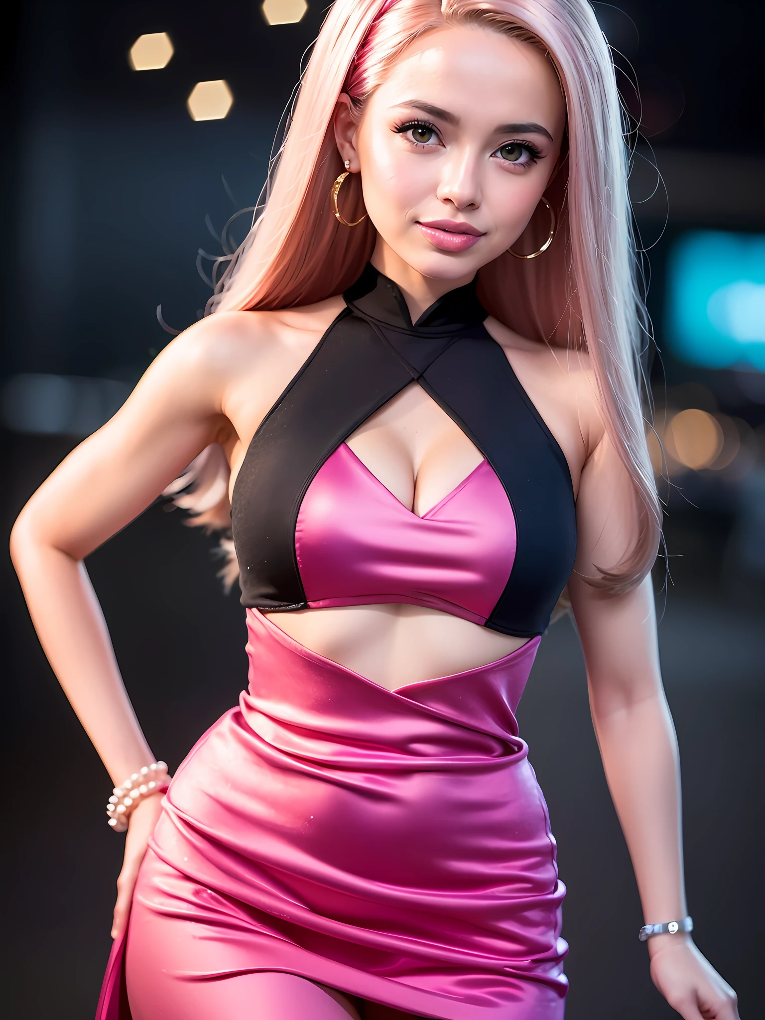 (best quality, master part, high resolution, (((1menina Barbie ))),vestido rosa Barbie,ornamento de cabelo,colar,jewelries,cara bonita,em cima do corpo,Efeito Tyndall,fotorrealista,Dark Studio,Lighting rim, dual-tone lighting,(pele altamente detalhada: 1.2), 8k UHD, DSLR, soft lighting, alta qualidade, Volumetric lighting, candid, fotografia, high resolution, 4k, 8k, Bokeh, cabelo rosa,,
