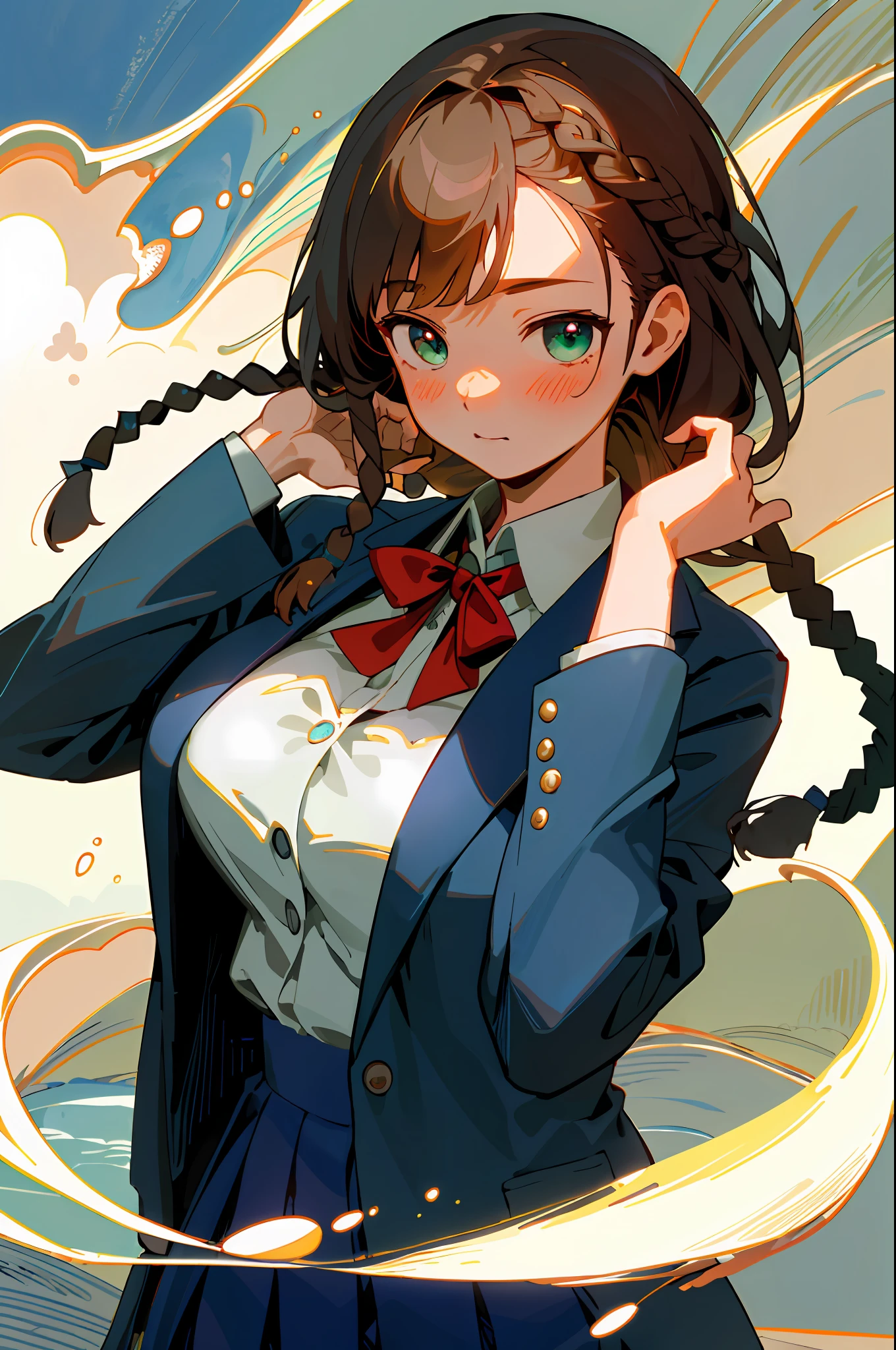 top-quality、​masterpiece、Top image quality、Advanced settings、A Japanese Lady、Shy look、Blushing、Emerald green eyes、long brown hair、Braids、Braiding、((Navy blue blazer))、white  shirt、Navy blue flared skirt、big red ribbon、Colossal tits、Hide the chest with your own hands、Squeeze your chest、grabbing on breasts、​masterpiece、top-quality、ighly detailed、Very realistic eyes、​masterpiece、top-quality、ighly detailed、1girl in、grabbing on breasts、From  above、Emphasize the valley