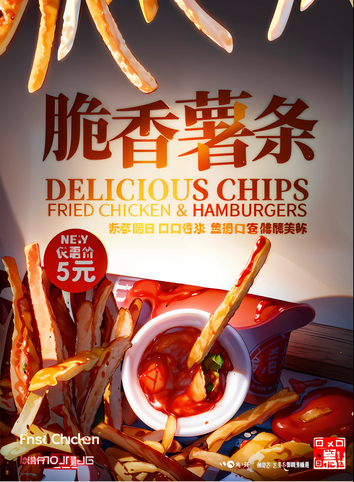 There is a poster,It has a picture of chips and ketchup, Delicious, food advertisement, Delicious food, french fries, Wang Chen, with fries, Frisian, Best Frisian, commercial banner, chips, 💣 💥💣 💥, fastfood, delicacy, crispy, high quality food photography, deep fried, beijing, Order now, poster for, ketchup, Very crisp