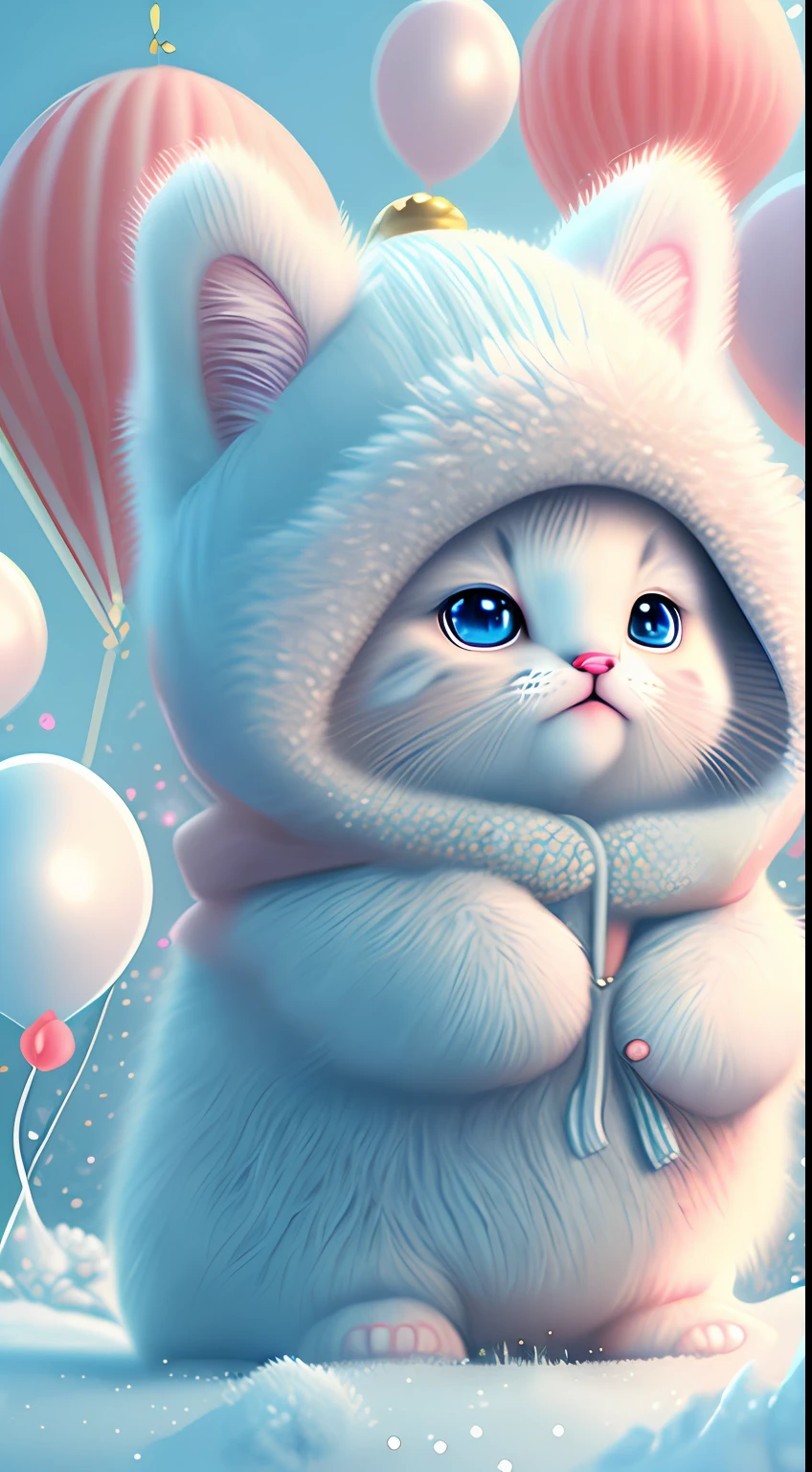 In this ultra-detailed CG art，Cute kittens surrounded by ethereal balloons，laughingly，blingbling，red colour，Best quality at best，A high resolution，Complicated details，fanciful，cute animal，Funny，Open-mouthed！！！，laughingly！！，To the right！！！