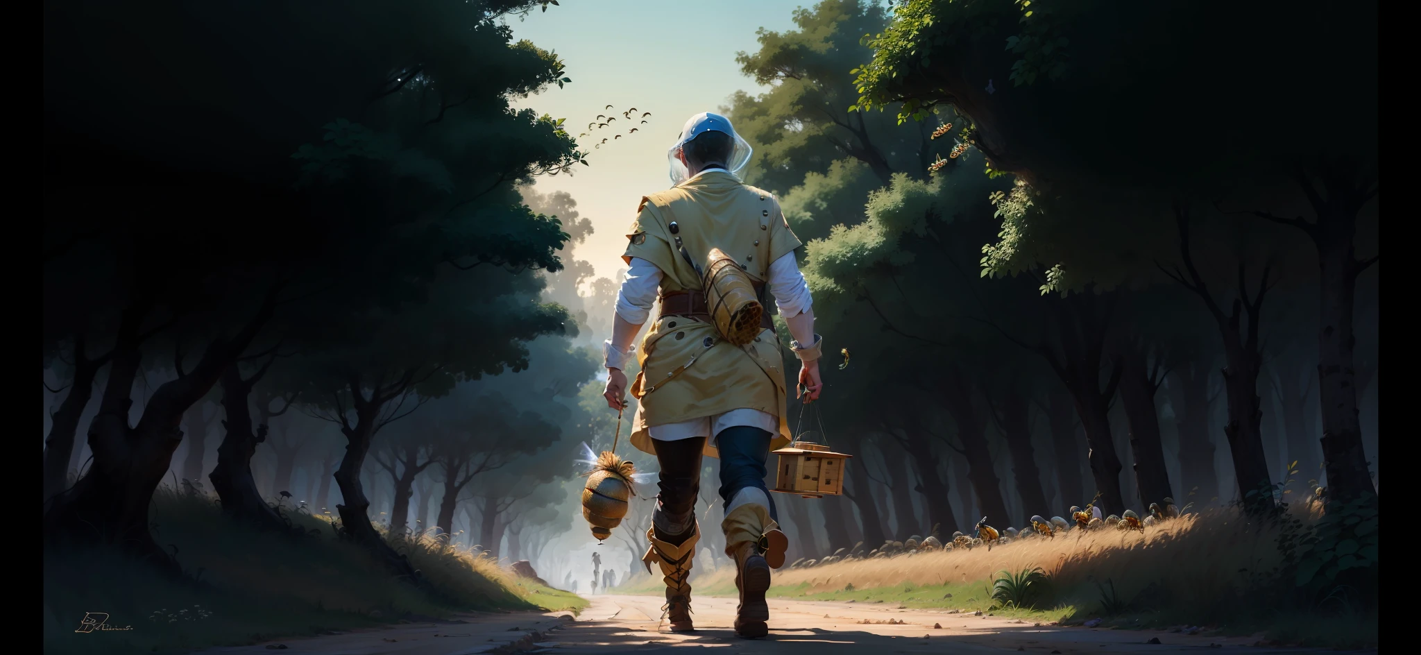 Beekeeper in white bee protection suit，Carrying a beehive，The beehive is tied with twine and carried on its back。It's an elf，Walking on the steppe，It is covered with bees。He is a ranger，He had a light crossbow hanging from his waist。