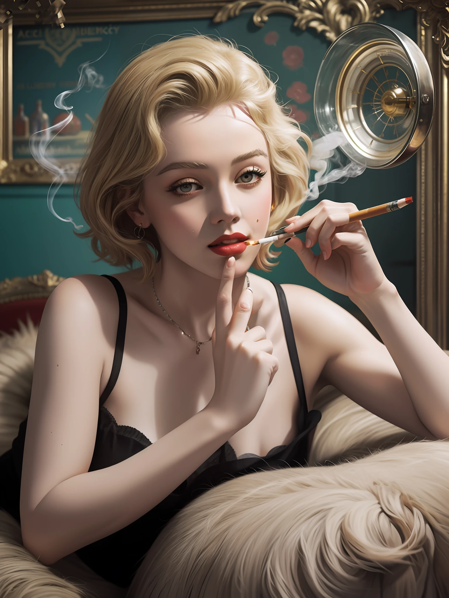 a painting of Marilyn Monroe smoking a cigarette in front of a sign that says alchemy by J.C. Leyendecker , retro poster, vintage style.