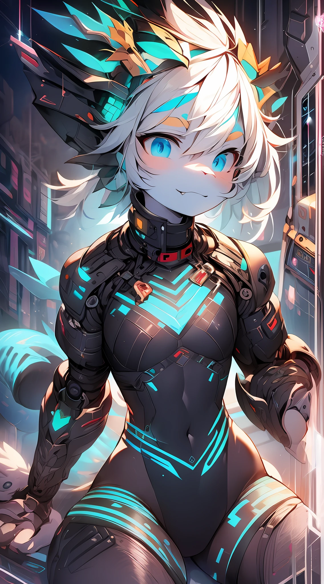 The dragon girl in the mecha，adolable，Mechanical nanoskin，black reotard，Black mid-tube socks，full bodyesbian，nakeness