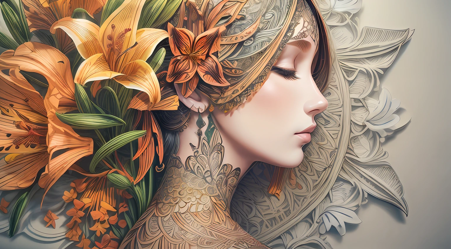 (illustration:1.3),paper art, zentangle，3D rendering，White background，Winter，(Beauty side face,close eyes:1.3)，(plum blossom:1.2), Colorful, Best quality, Detailed details, Masterpiece, offcial art, Cinematic lighting effects, 4K,