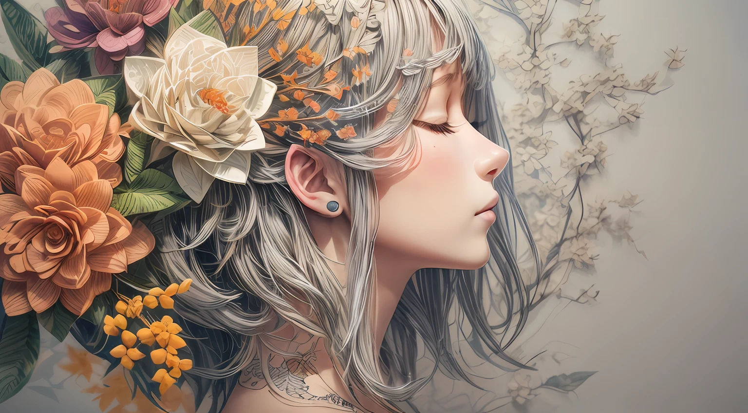 (illustration:1.3),paper art, zentangle，3D rendering，White background，Winter，(Beauty side face,close eyes:1.3)，(plum blossom:1.2), Colorful, Best quality, Detailed details, Masterpiece, offcial art, Cinematic lighting effects, 4K,
