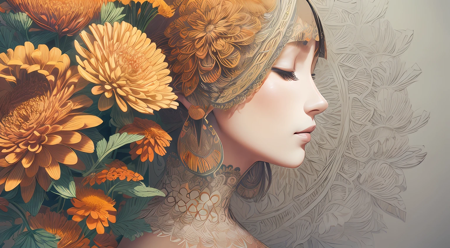 (illustration:1.3),paper art, zentangle，3D rendering，White background，Winter，(Beauty side face,close eyes:1.3)，(plum blossom:1.2), Colorful, Best quality, Detailed details, Masterpiece, offcial art, Cinematic lighting effects, 4K,