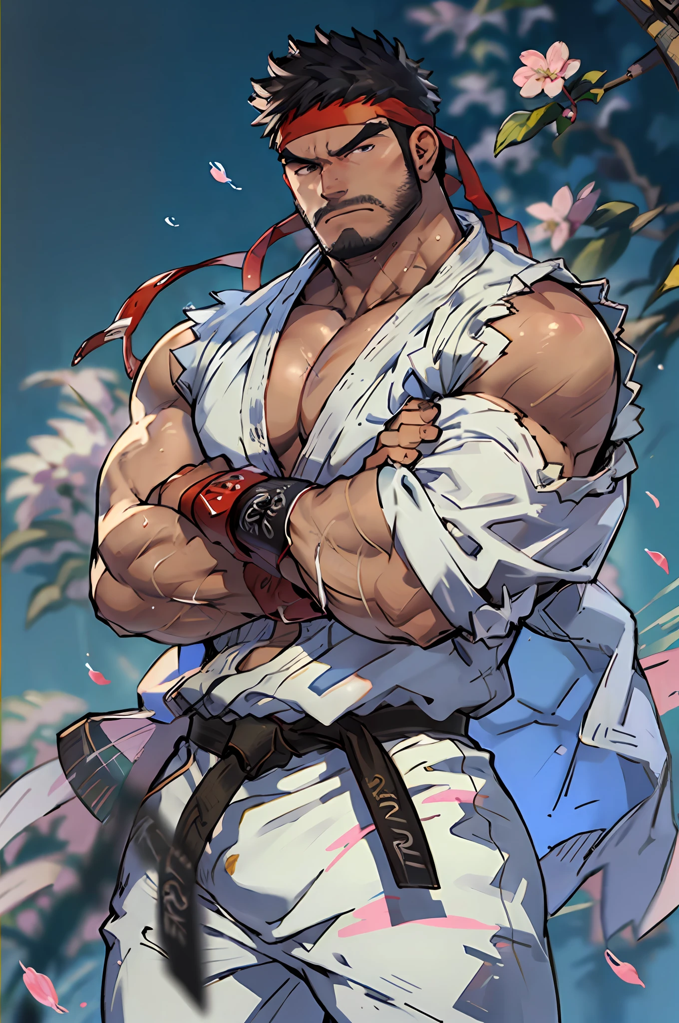 (masterpiece, best quality:1.2), cowboy shot, solo, male focus, 1boy, ryu \(sf\), middle age, serious, determined face, white skin, looking at viewer, black hair, black beard, detailed face tall, hunk, muscular, wide shoulder, big physique, wearing big white Dougi, new white Dougi shirt, white Dougi pant, red headband, fingerless gloves, blue aura, cherry blossom in the background, high detailed, crossed arms