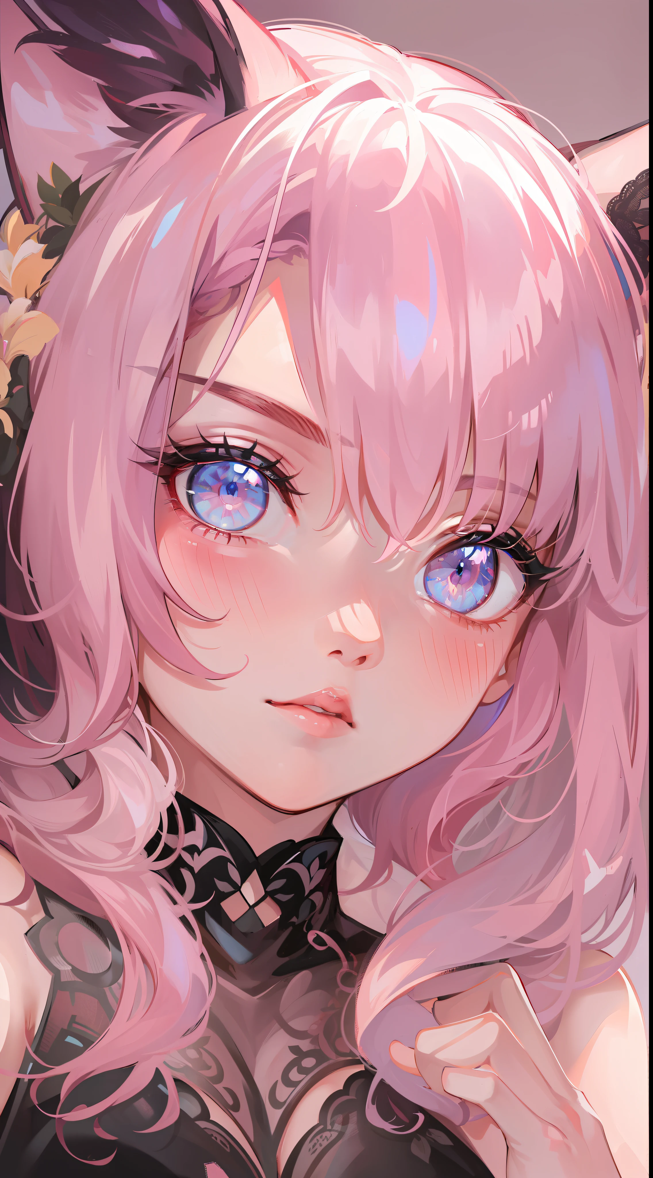 tmasterpiece, best qualtiy, ultra - detailed, illustratio, (1girl), Beautiful detailed eyes, looking at viewert, closeup cleavage, (breasts focus), Pink hair, is shy, Cat ears, Black cheongsam, stocklings, a garter belt, eBlue eyes, upper legs