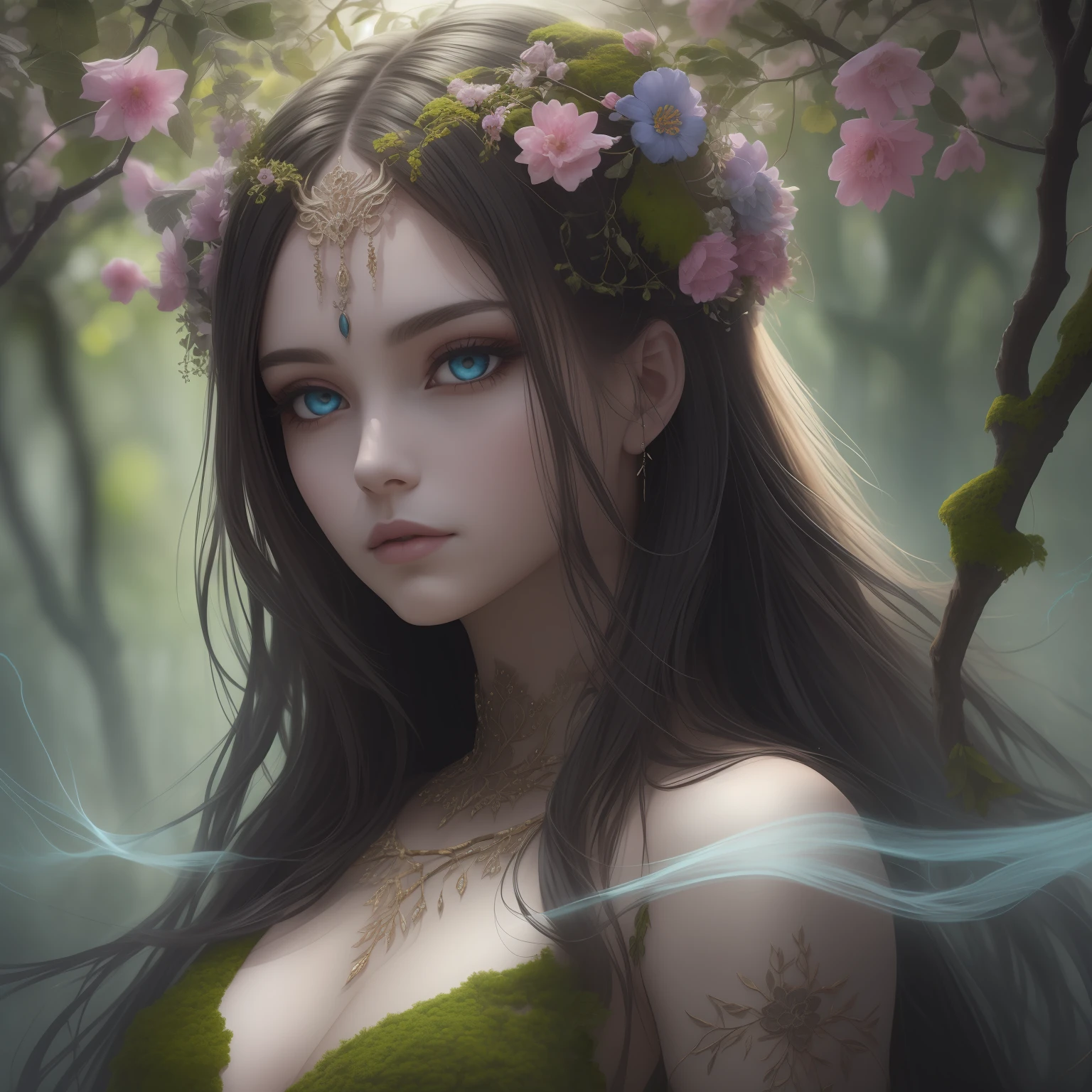 (masterpiece, best quality, beautiful, perfect, delicate, detailed, intricate, aesthetic, abstract art), evocative abstract representation, dark nature goddess, clear head, perfect eyes, a palette of mossy red and dusky blues, dynamic pose with swirling mists and ethereal glows, an intense and piercing expression, her outfit resembling a tapestry of intertwining branches and shadowy leaves, hair adorned with luminescent flowers, an overall feeling of ancient power and enigmatic grace, perfect lighting, perfect shading