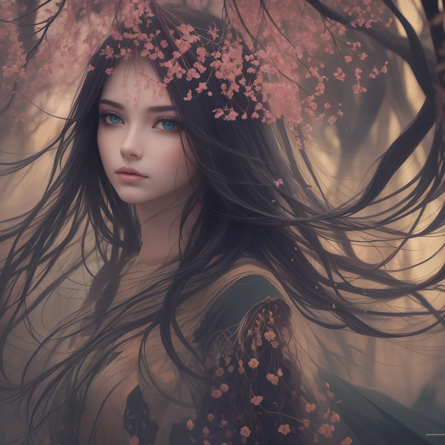 (masterpiece, best quality, beautiful, perfect, delicate, detailed, intricate, aesthetic, abstract art), evocative abstract representation, dark nature goddess, clear head, perfect eyes, a palette of mossy red and dusky blues, dynamic pose with swirling mists and ethereal glows, an intense and piercing expression, her outfit resembling a tapestry of intertwining branches and shadowy leaves, hair adorned with luminescent flowers, an overall feeling of ancient power and enigmatic grace, perfect lighting, perfect shading