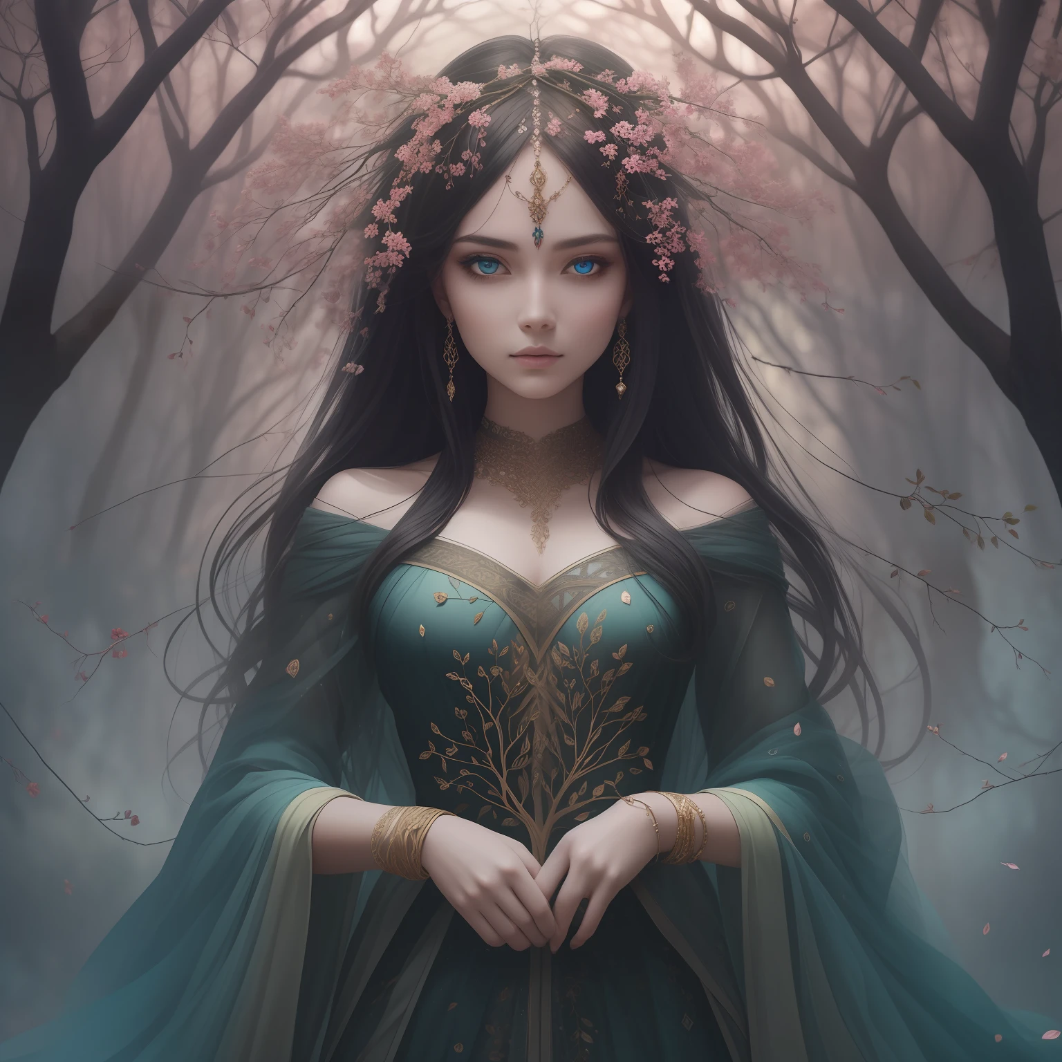 (masterpiece, best quality, beautiful, perfect, delicate, detailed, intricate, aesthetic, abstract art), evocative abstract representation, dark nature goddess, clear head, perfect eyes, a palette of mossy red and dusky blues, dynamic pose with swirling mists and ethereal glows, an intense and piercing expression, her outfit resembling a tapestry of intertwining branches and shadowy leaves, hair adorned with luminescent flowers, an overall feeling of ancient power and enigmatic grace, perfect lighting, perfect shading
