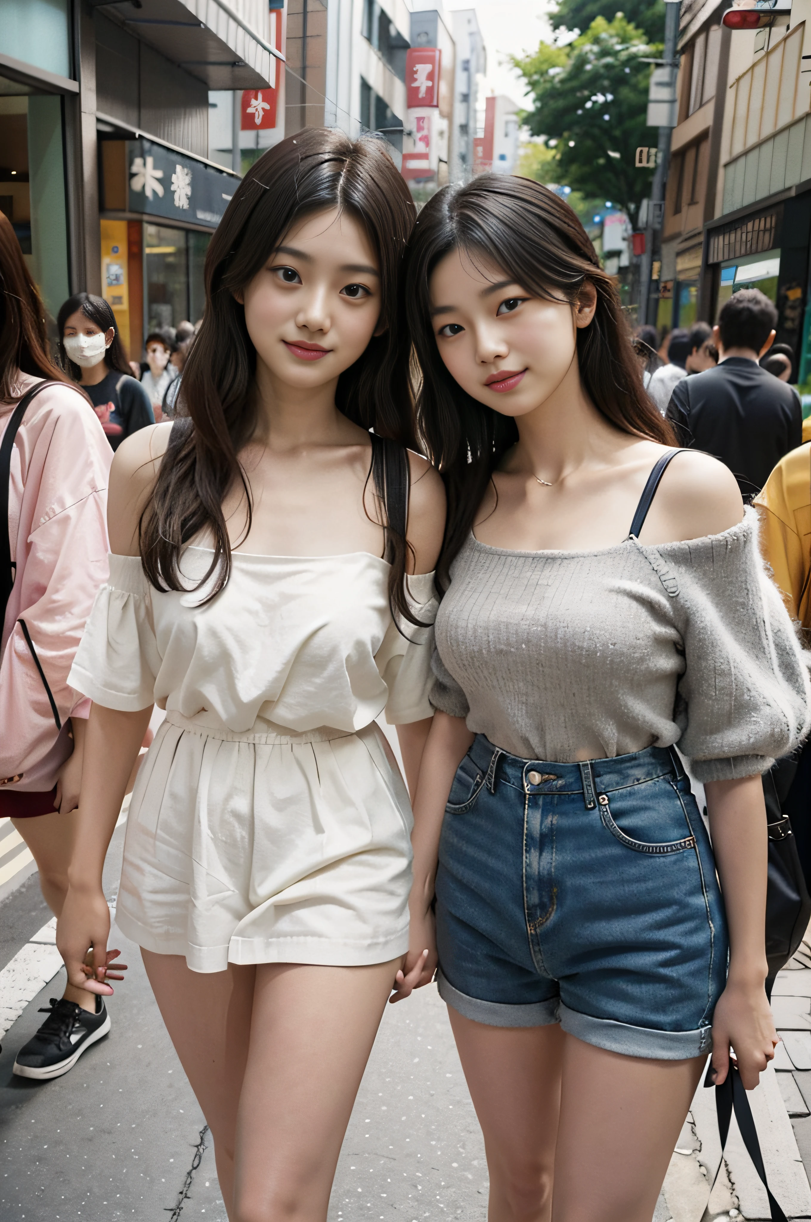 jpn、Harajuku takeshita Street's summer fashion for 2023、off shoulders、2girls with together walk yo、Large Breasts, narrow waist, Smiling at the camera、nice fine day