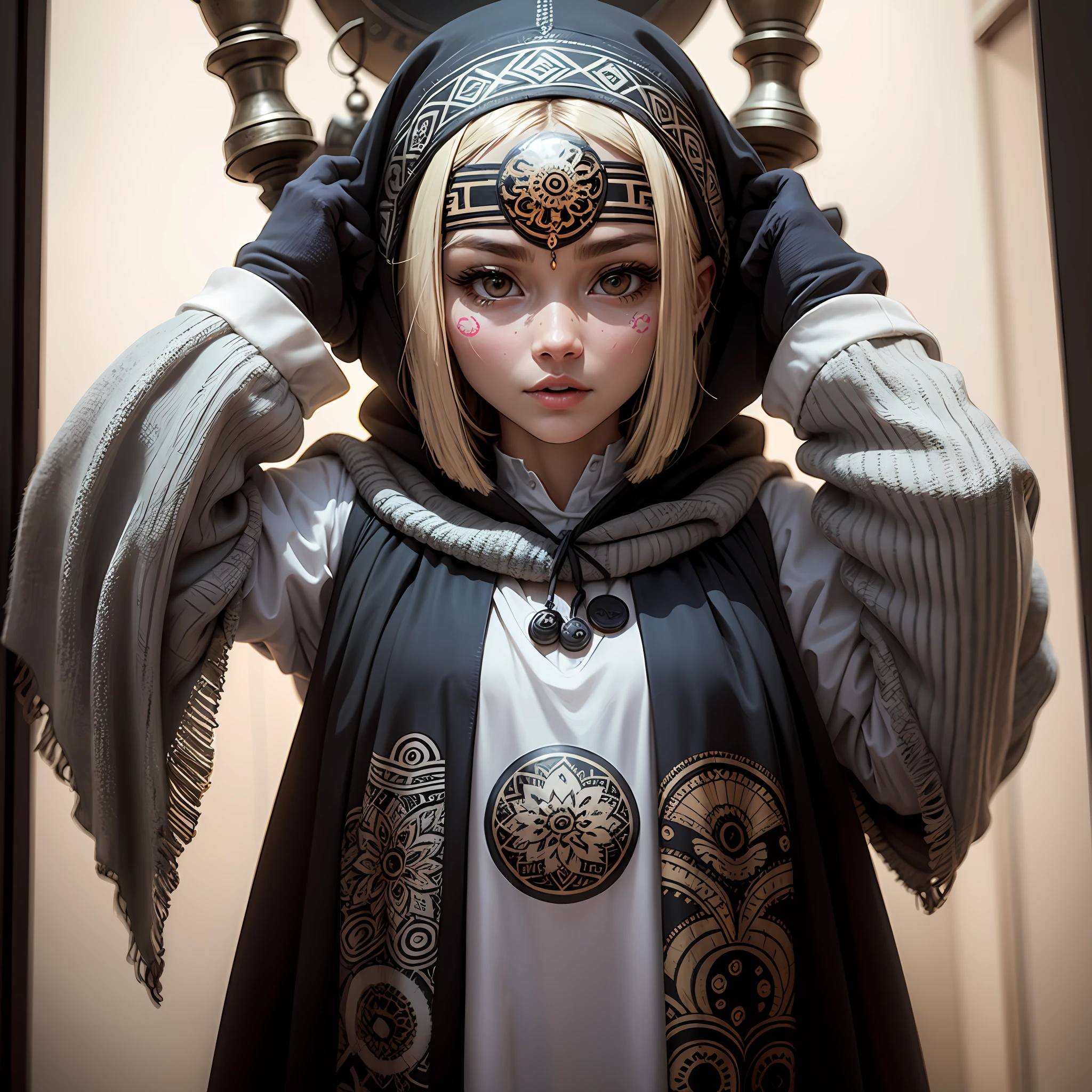 Crie uma estampa que combine elementos de diferentes culturas, such as tribal masks with mandala patterns or historical dresses with modern influences. Concentre-se nos detalhes dos ornamentos e tecidos para criar uma estampa rica e interessante.

Remember to consider the printing technique and color palette that will be used to ensure a very high quality in the shirt print. --auto