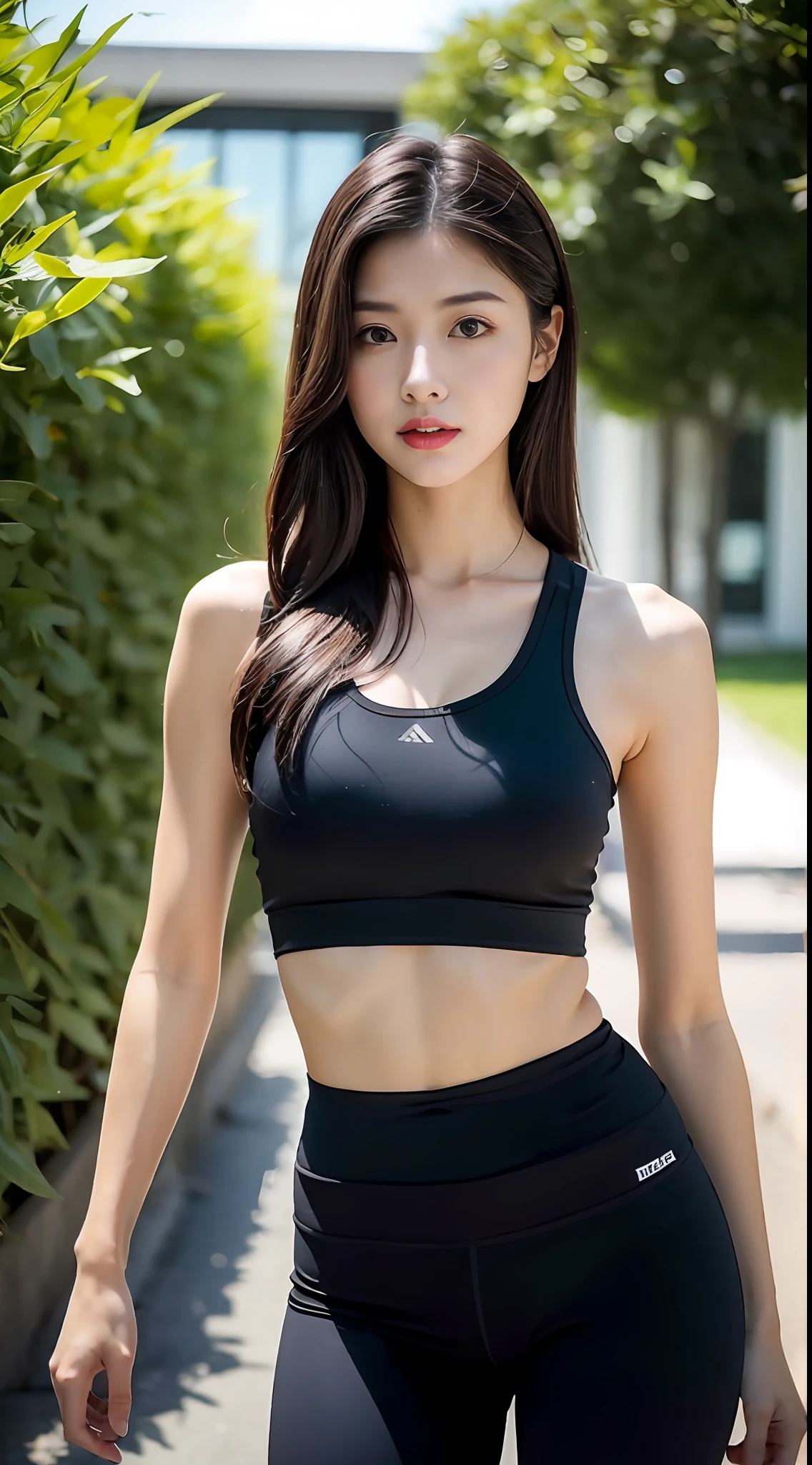 one-girl,Works of masters,HighestQuali,Highest image quality,8K分辨率,A beautiful 20-year-old girl,White crop top T-shirt,Black yoga pants,slimfigure,Shot flat with the lens