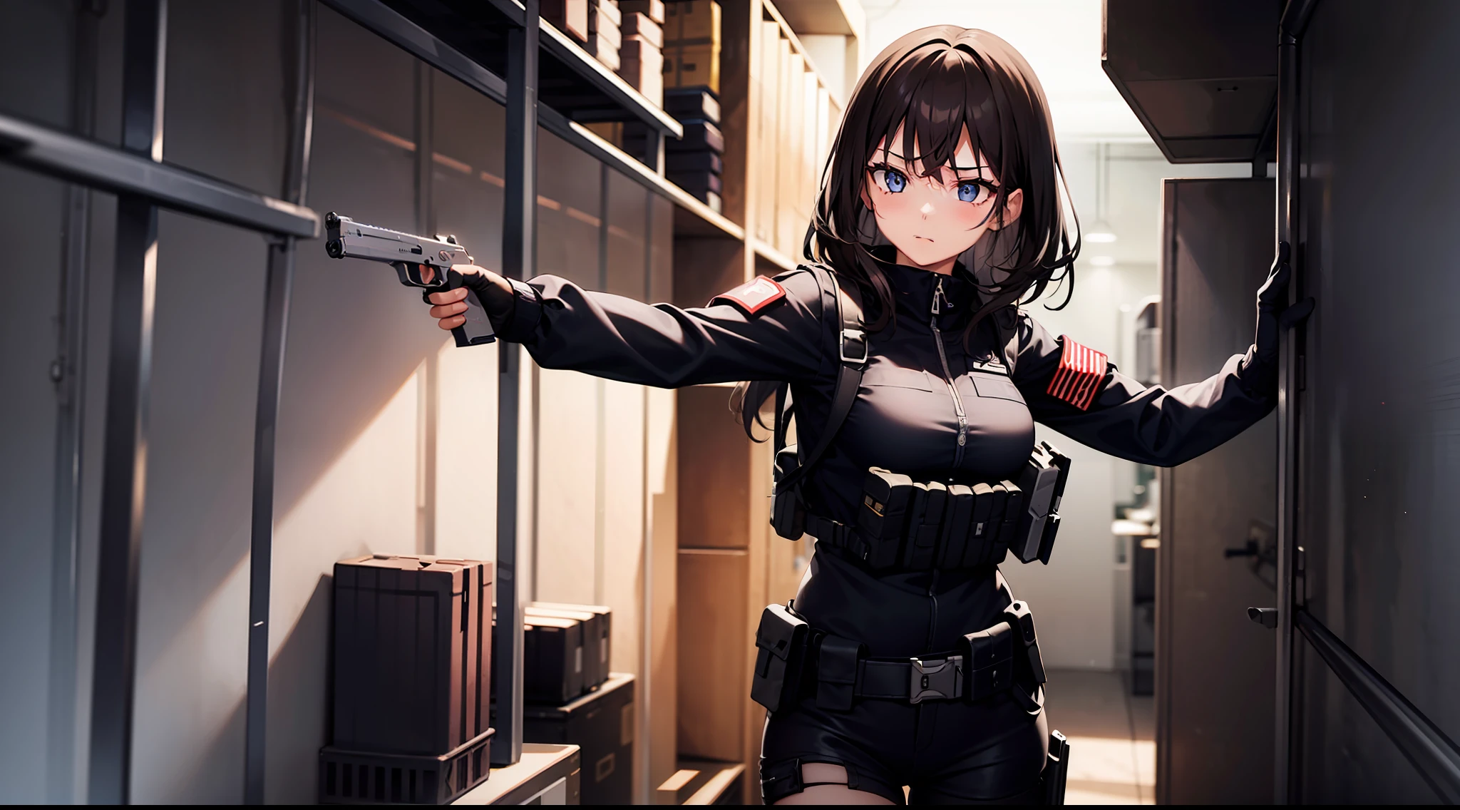 1 girl, hand gun, dynamic entry, in the dark warehouse, black clothes, special operations, special force, cinematic action, dynamic