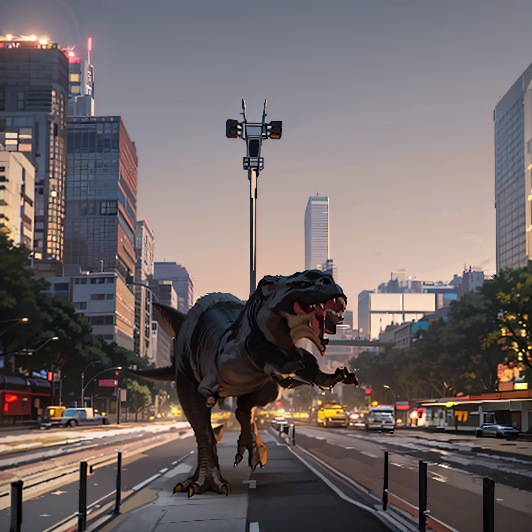 A closeup of a dinosaur on a city street with buildings in the background, avenida paulista, realistic depiction, meteor impact behind a dinosaur, Dinossauro Trex, Jurassic image, sao paulo in the year 2 0 7 0, Realistic VFX Simulation, T-Rex, t - rex, dinossauro, [ Realistic photo ]!!, Tiranossauro rex