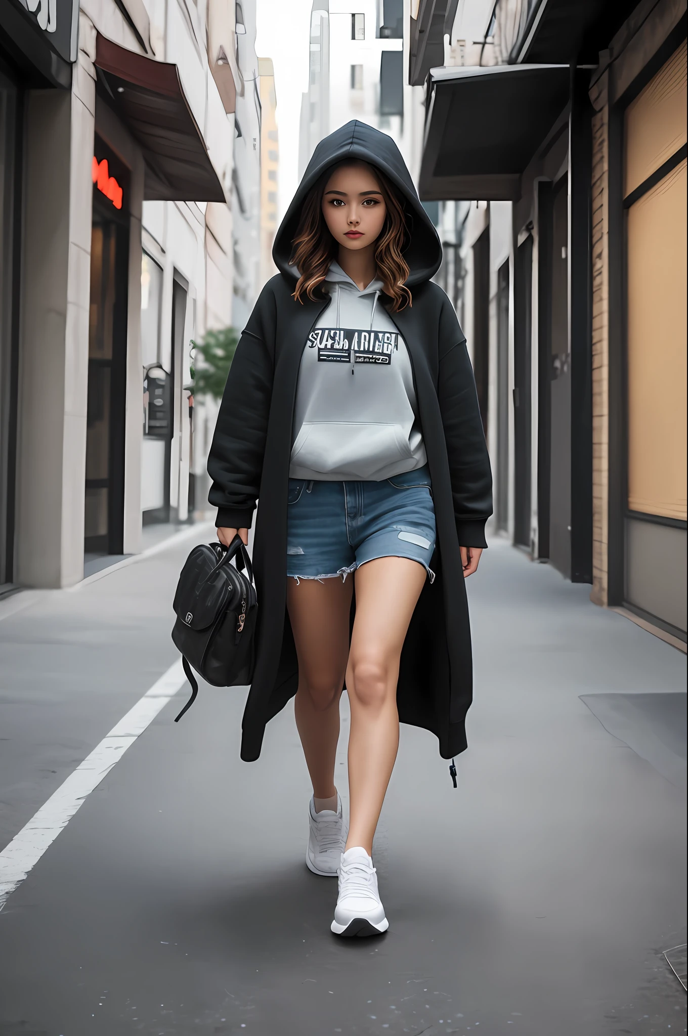 woman standing, wearing a hoodie, 8k, beautiful face, cinematic photography, high quality, extremely detailed, 4k, sneakers, looking at viewer, walking alone, super details