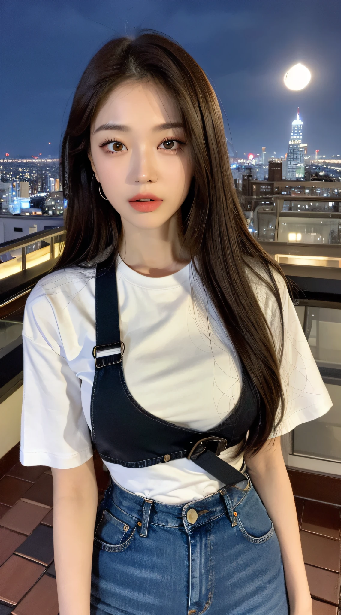 ((Midnight, Best quality, 8k, Masterpiece :1.3)), Whole body, Long legs, Sharp focus :1.2, A pretty woman with perfect figure :1.4, Slender abs :1.1, ((Dark brown hair, Big breasts :1.2)), (White tight tshirt, Jean bib, Standing:1.2), ((Night city view, Rooftop:1.3)), Highly detailed face and skin texture, Detailed eyes, Double eyelid