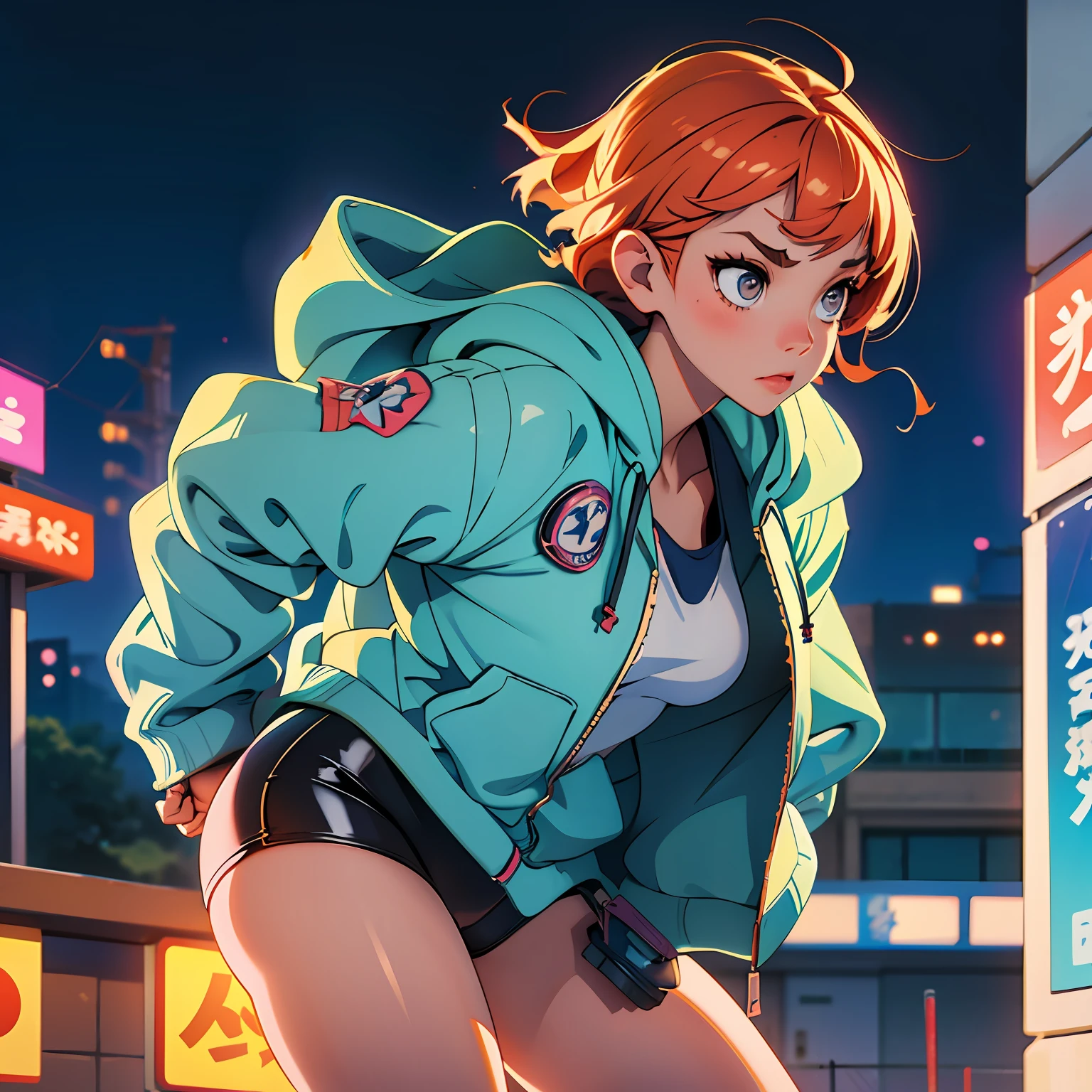 best qualtiy, Cybergirl, 1个Giant Breast Girl, 独奏, short detailed hair, The background is blurred out, gymnastic suit ,Hooded sweatshirt