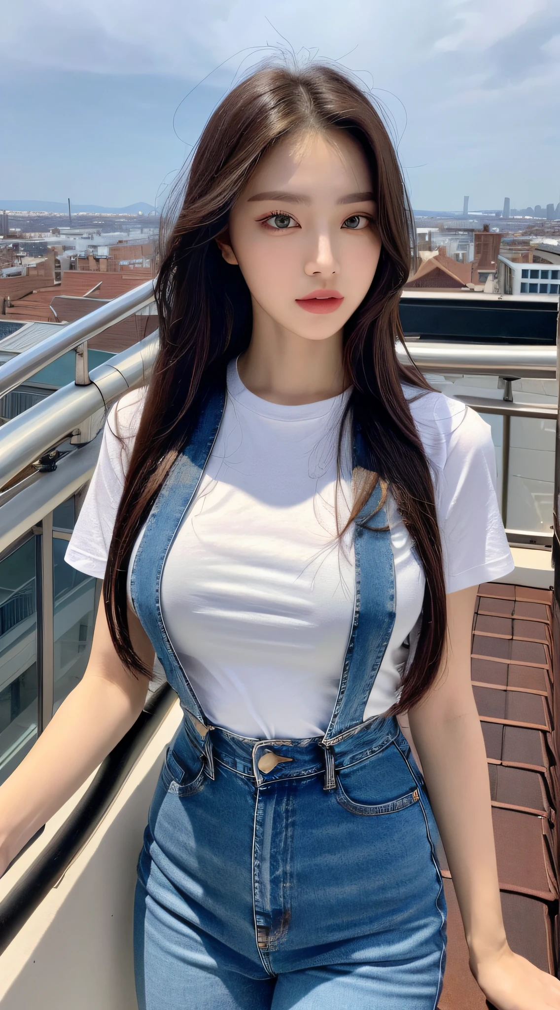 ((Midnight, Best quality, 8k, Masterpiece :1.3)), Whole body, Long legs, Sharp focus :1.2, A pretty woman with perfect figure :1.4, Slender abs :1.1, ((Dark brown hair, Big breasts :1.2)), (White tight tshirt, Jean bib, Standing:1.2), ((Night city view, Rooftop:1.3)), Highly detailed face and skin texture, Detailed eyes, Double eyelid