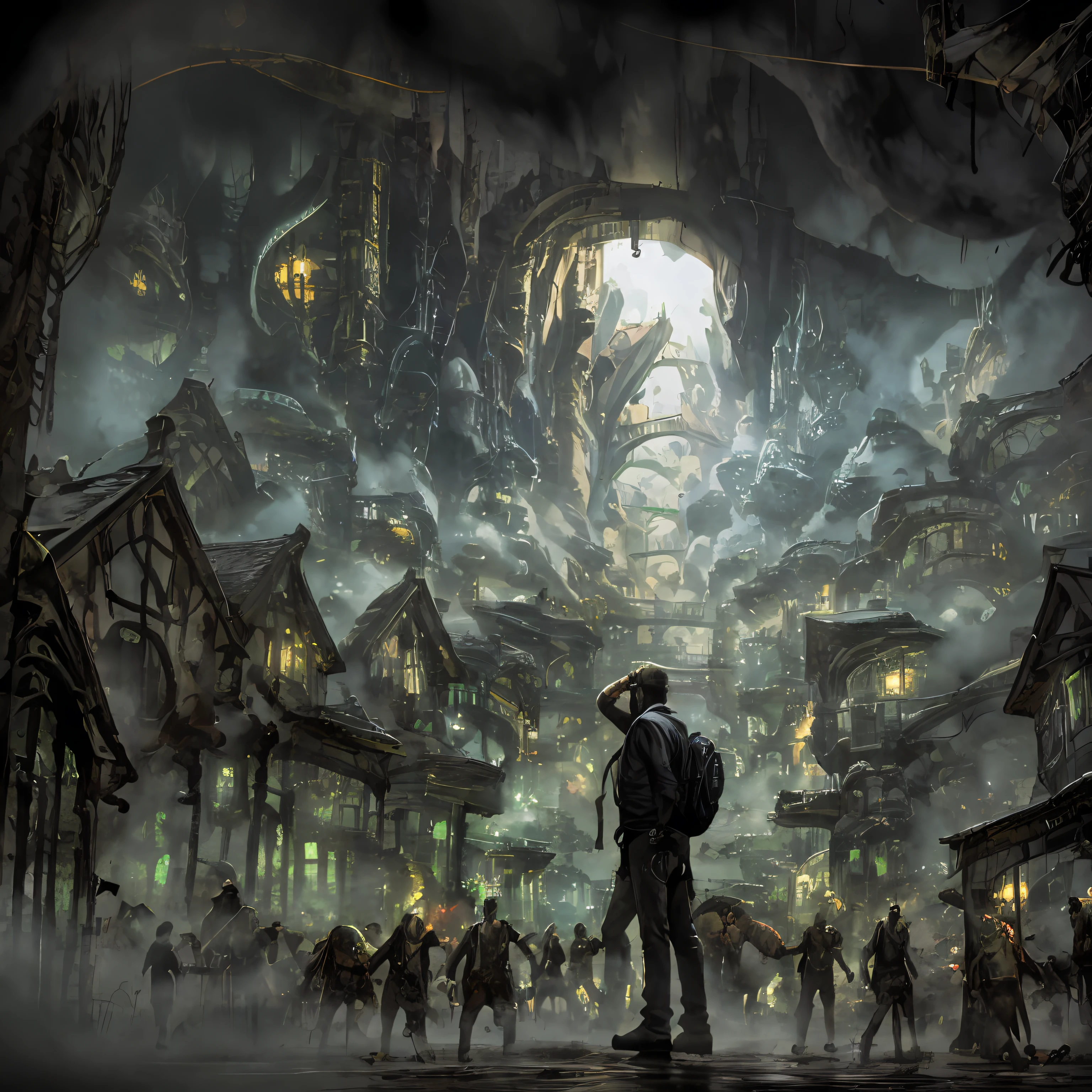 A middle-aged man,holding a knife,facing away,A large group of zombies came running,anime big breast --auto