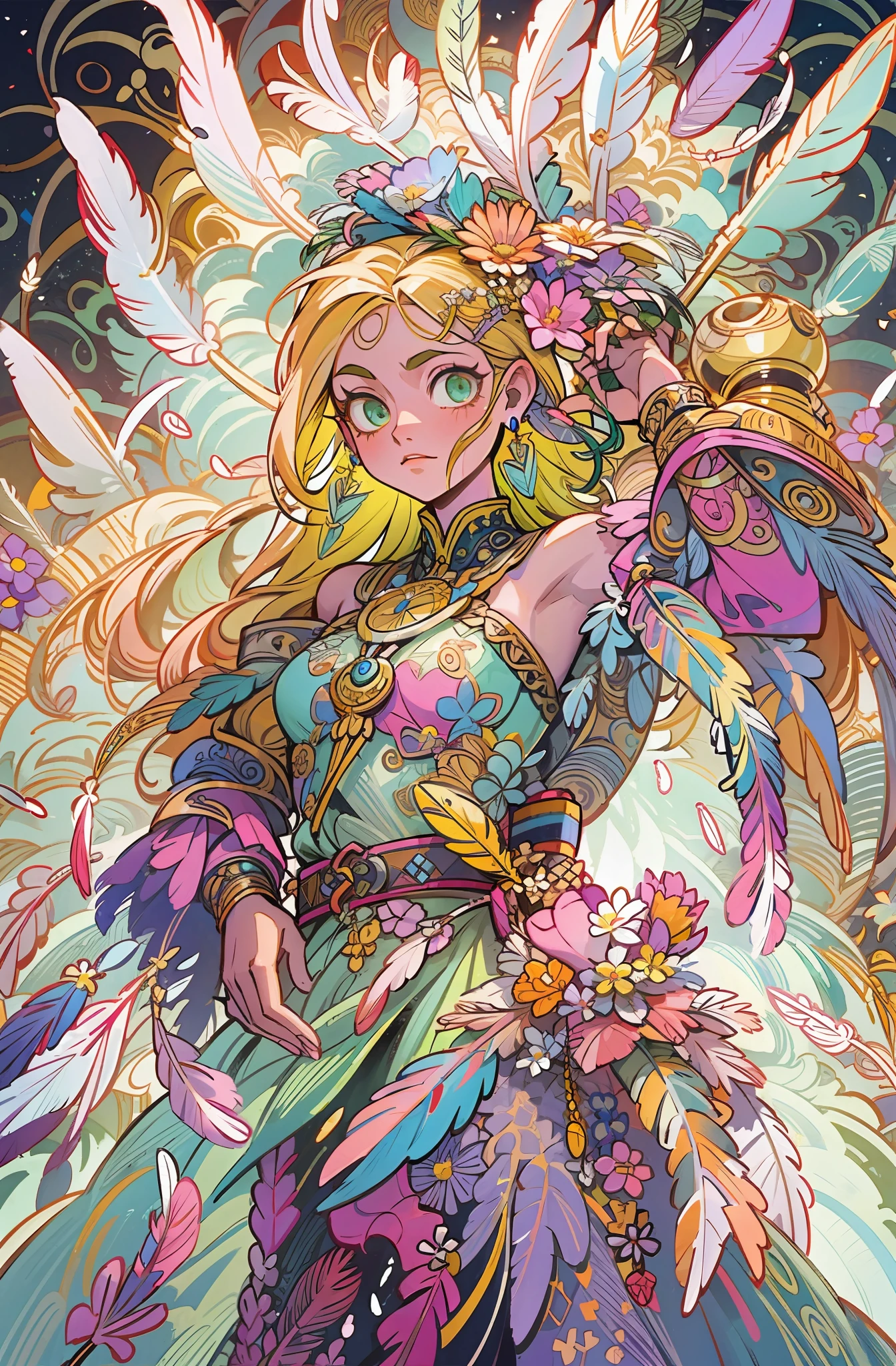 A girl with small breasts, bare shoulders, golden hair, colored feathers, metal ornaments, colored flowers, particles, light rays, dynamic pose, wielding earth magic (masterpiece, top quality, best quality, official art, beautiful and aesthetic:1.2), (1girl:1.3), extremely detailed,(fractal art:1.1),(colorful:1.1)(flowers:1.3),highest detailed,(zentangle:1.2), (dynamic pose), (abstract background:1.3), (shiny skin), (many colors :1.4), ,(earrings:1.4), (feathers:1.4)