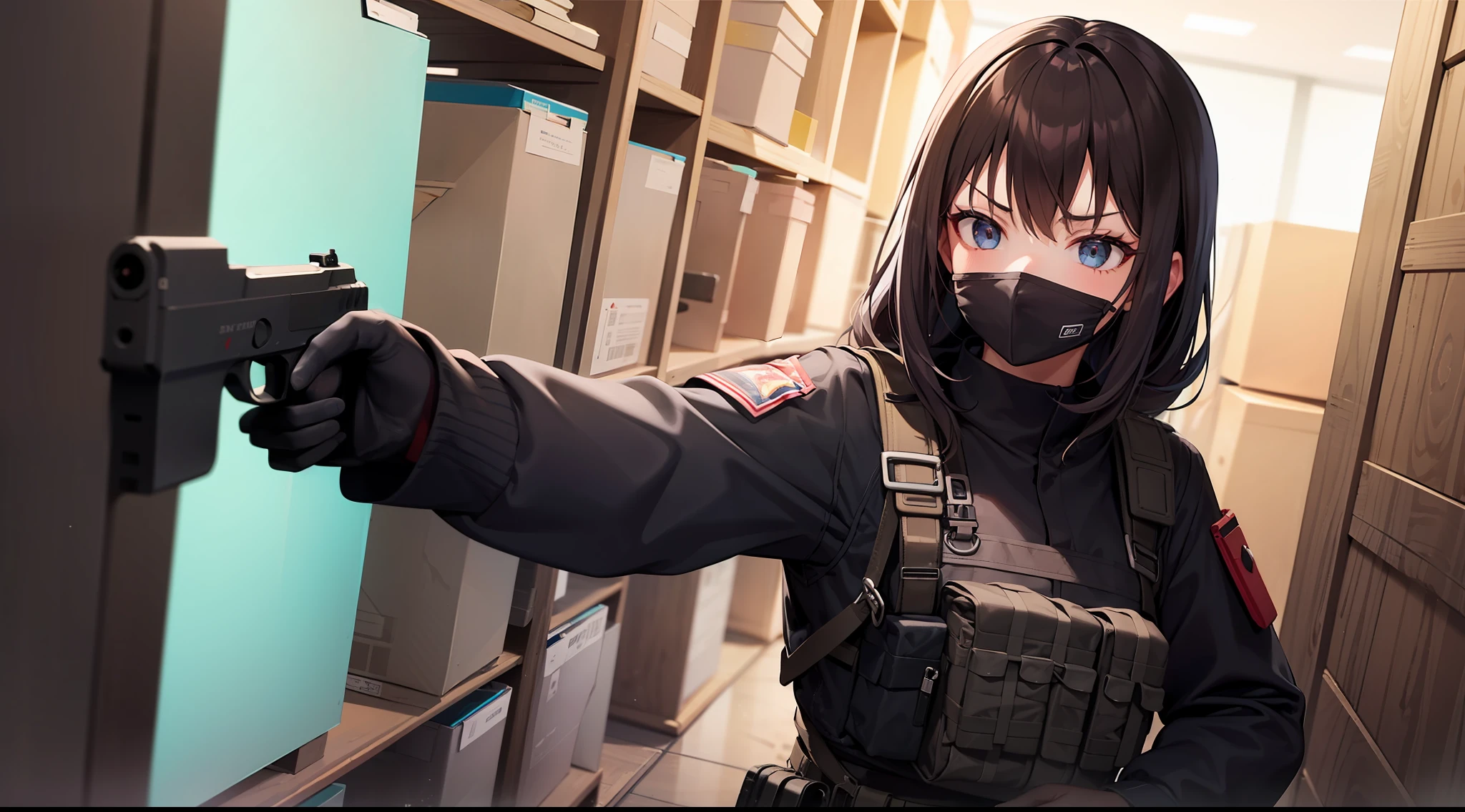 1 girl, hand gun, dynamic entry, in the dark warehouse, black clothes, special operations, special force, cinematic action