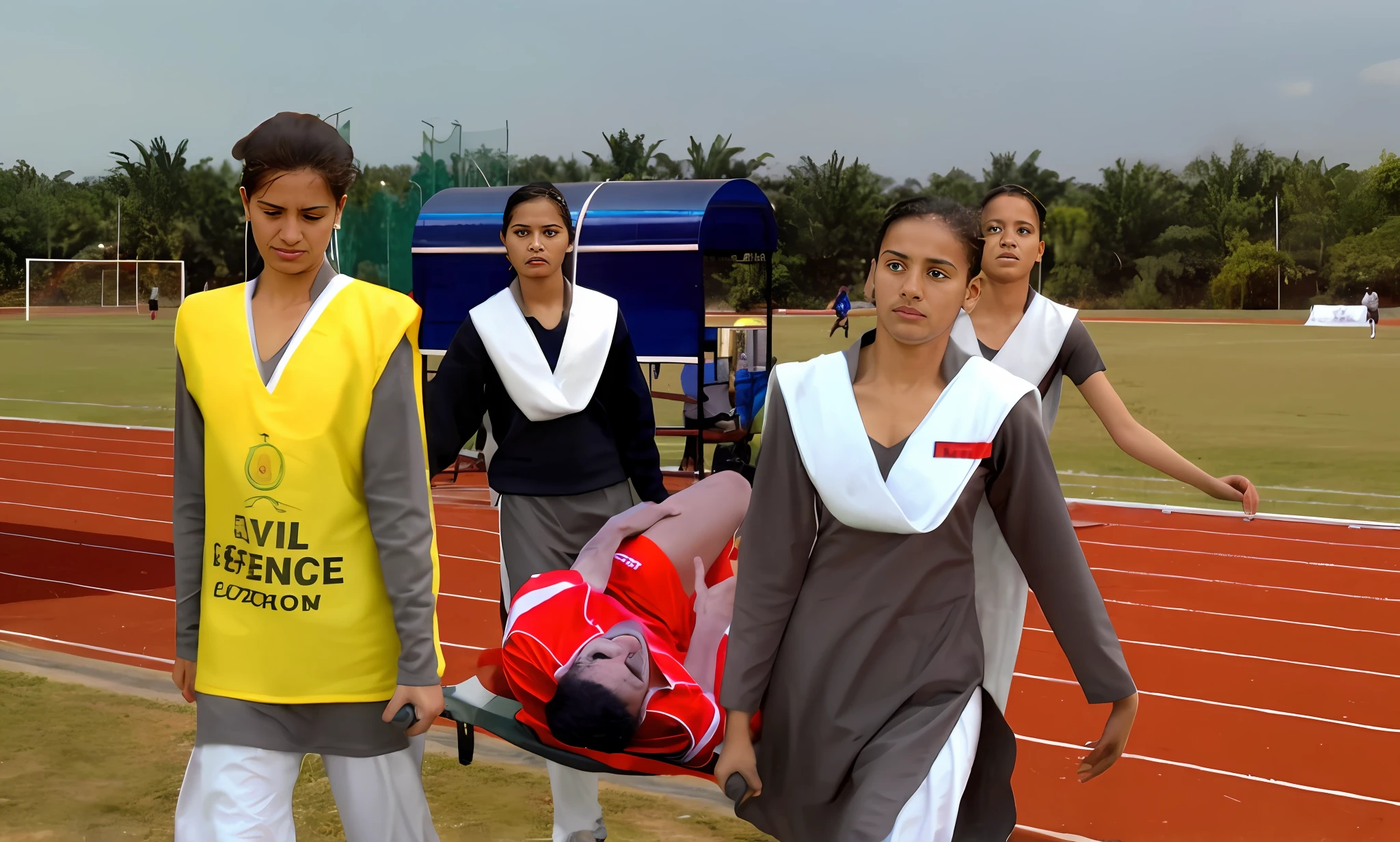 a soccer scene in a sports stadium, cool and wet weather conditions, humide ground, rainy sky, injury scene in a sports stadium, stretcher carry, there are four female medics carrying a stretcher, there are four female medics in very shiny coats who are carrying a stretcher in a sports stadium, there is a wounded male soccer player in a matte short cotton sports outfit lying on the stretcher, an injured male soccer player in matte cotton sportswear is lying in pain on a stretcher, a soccer player in matte cotton sports clothes is rearing up in intense pain while lying on a stretcher, dramatic scene, theatralic posing scene, dramatic pity scene, injury soccer, first aid, help, pity, there are four female medics in wetlook high-shine coats who are looking very sad and very terrified and very shocked, the injured soccer player is screaming out in pain while he is carried from the pitch on a stretcher