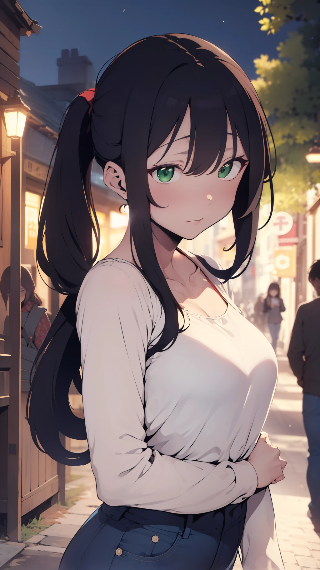 (((one woman,long hair,ponytail,bangs,slender face,sharp eyes,green eyes,detailed eyes,small breast,white blouse,navy jeans,surprised,flushed cheek))),masterpiece,extremely high quality,extremely fine and beautiful,hyper detail,dynamic resolution,sharp focus,anime style,kissing the viewer,closeup face,closed eyes,in the park,at night,1girl