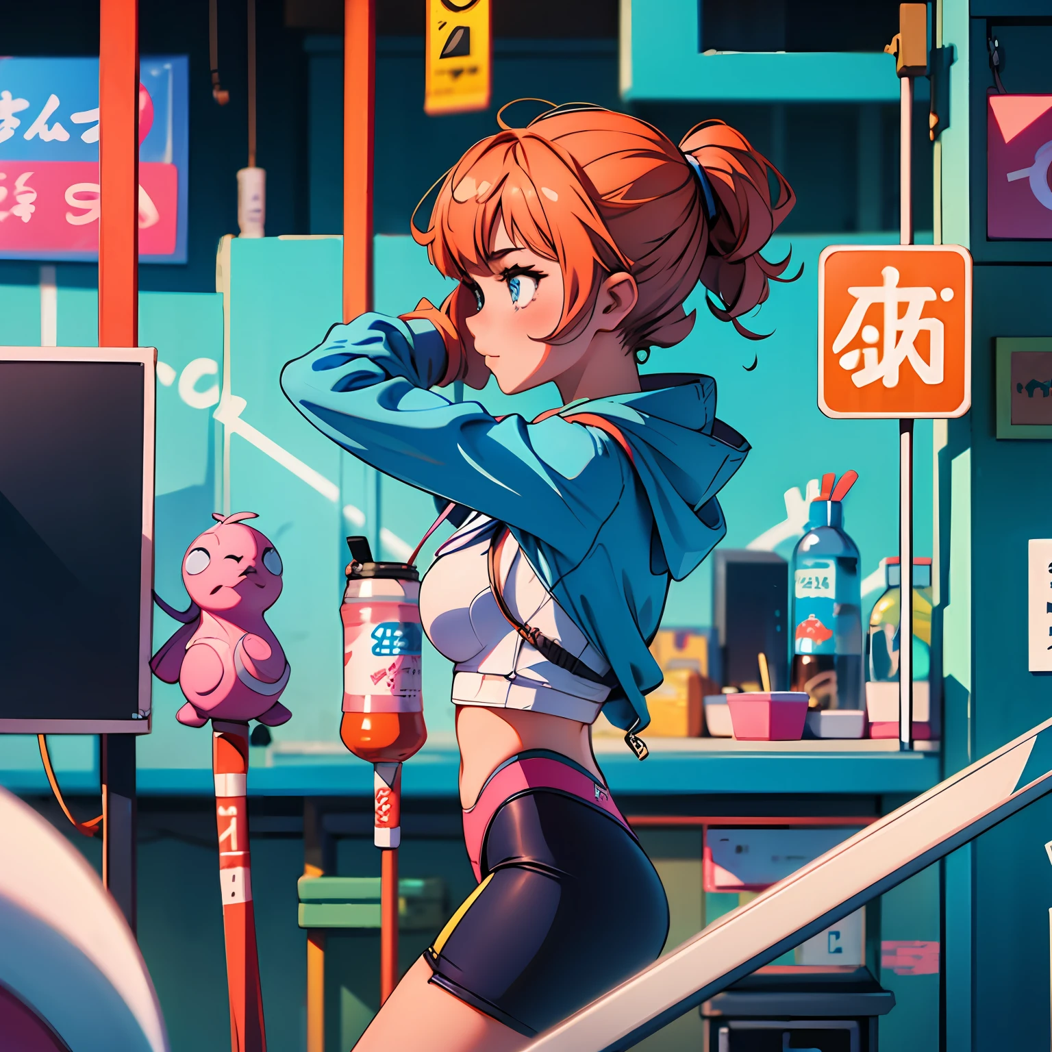 best qualtiy, Cybergirl, 1个Giant Breast Girl, 独奏, short detailed hair, The background is blurred out, gymnastic suit ,Hooded sweatshirt