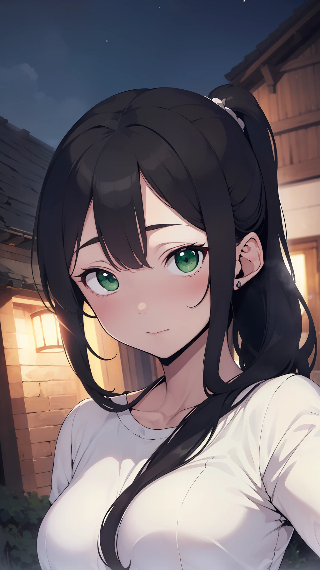 (((one woman,long hair,ponytail,bangs,slender face,sharp eyes,green eyes,detailed eyes,small breast,white blouse,navy jeans,surprised,flushed cheek))),masterpiece,extremely high quality,extremely fine and beautiful,hyper detail,dynamic resolution,sharp focus,anime style,kissing the viewer,closeup face,closed eyes,in the park,at night,1girl