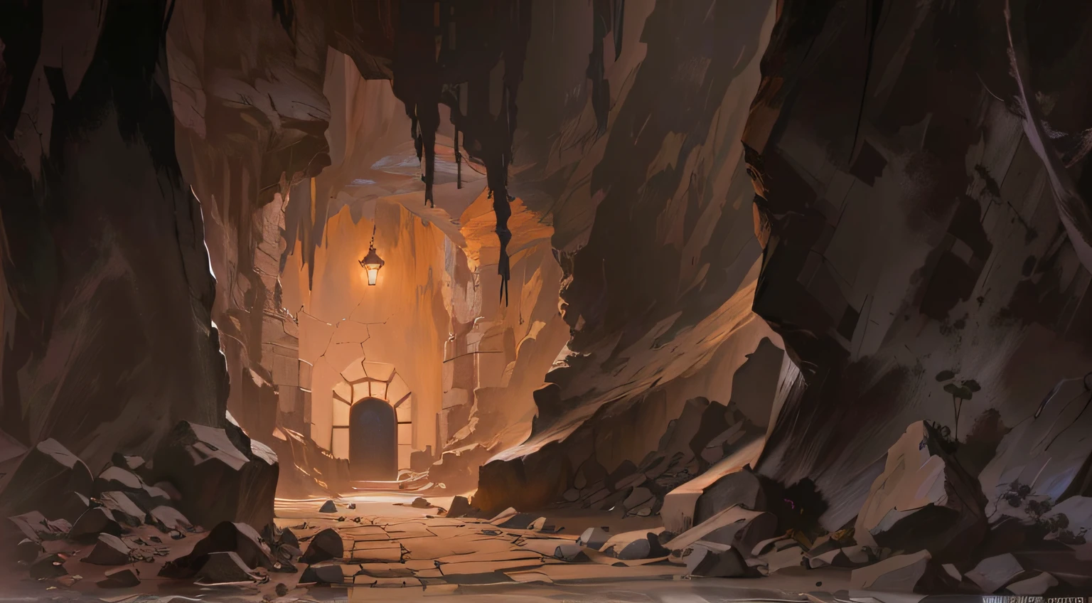 Enter a dark cave，The rock walls are high，There is a magnificent door at the entrance of the cave。Concept painting，environment painting，digital painting concept art，painted as a game concept art，oil paint concept art。Intense lights illuminate a corner of the cave，It's like entering an ancient dungeon。