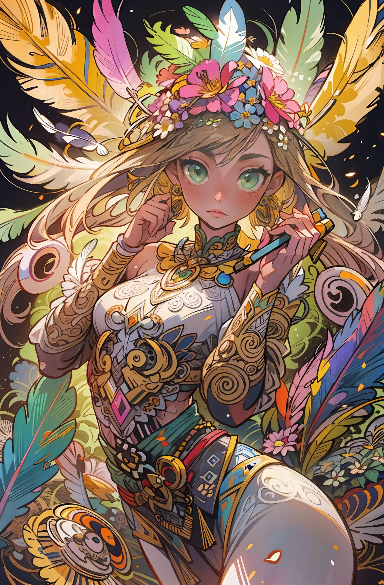 A girl with small breasts, bare shoulders, golden hair, colored feathers, metal ornaments, colored flowers, particles, light rays, dynamic pose, wielding earth magic (masterpiece, top quality, best quality, official art, beautiful and aesthetic:1.2), (1girl:1.3), extremely detailed,(fractal art:1.1),(colorful:1.1)(flowers:1.3),highest detailed,(zentangle:1.2), (dynamic pose), (abstract background:1.3), (shiny skin), (many colors :1.4), ,(earrings:1.4), (feathers:1.4)