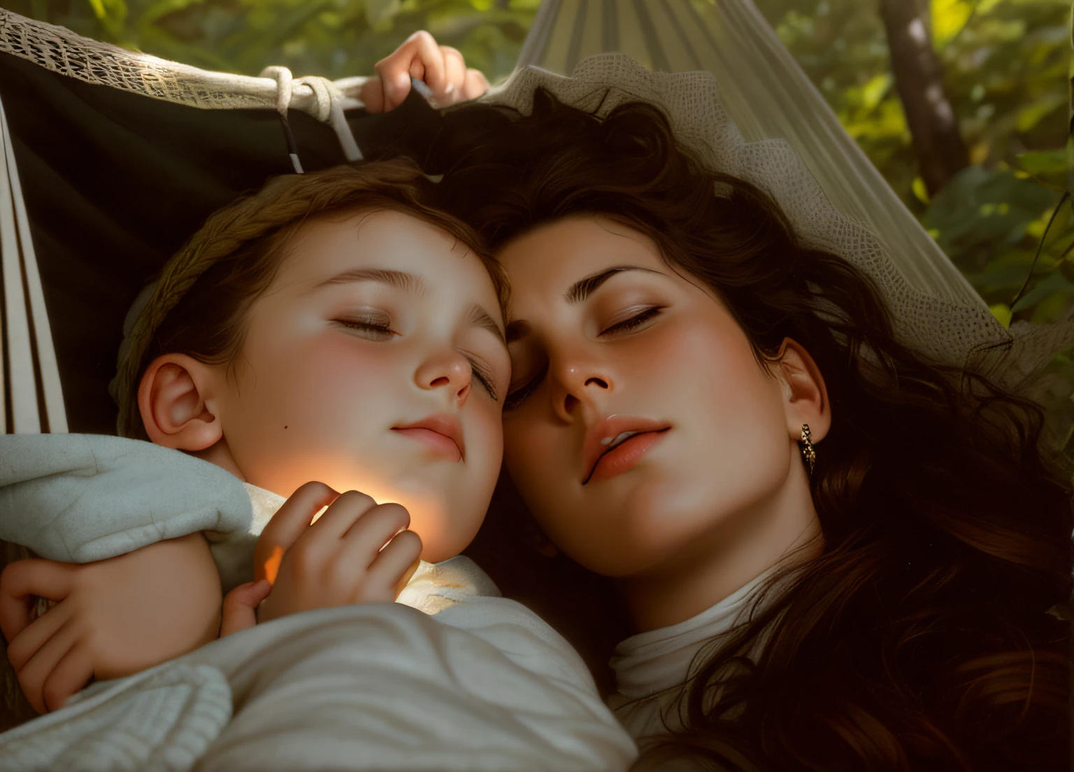 There is a young 30-year-old brunette woman and a white child lying in a hammock, fotografia Annie Leibovitz