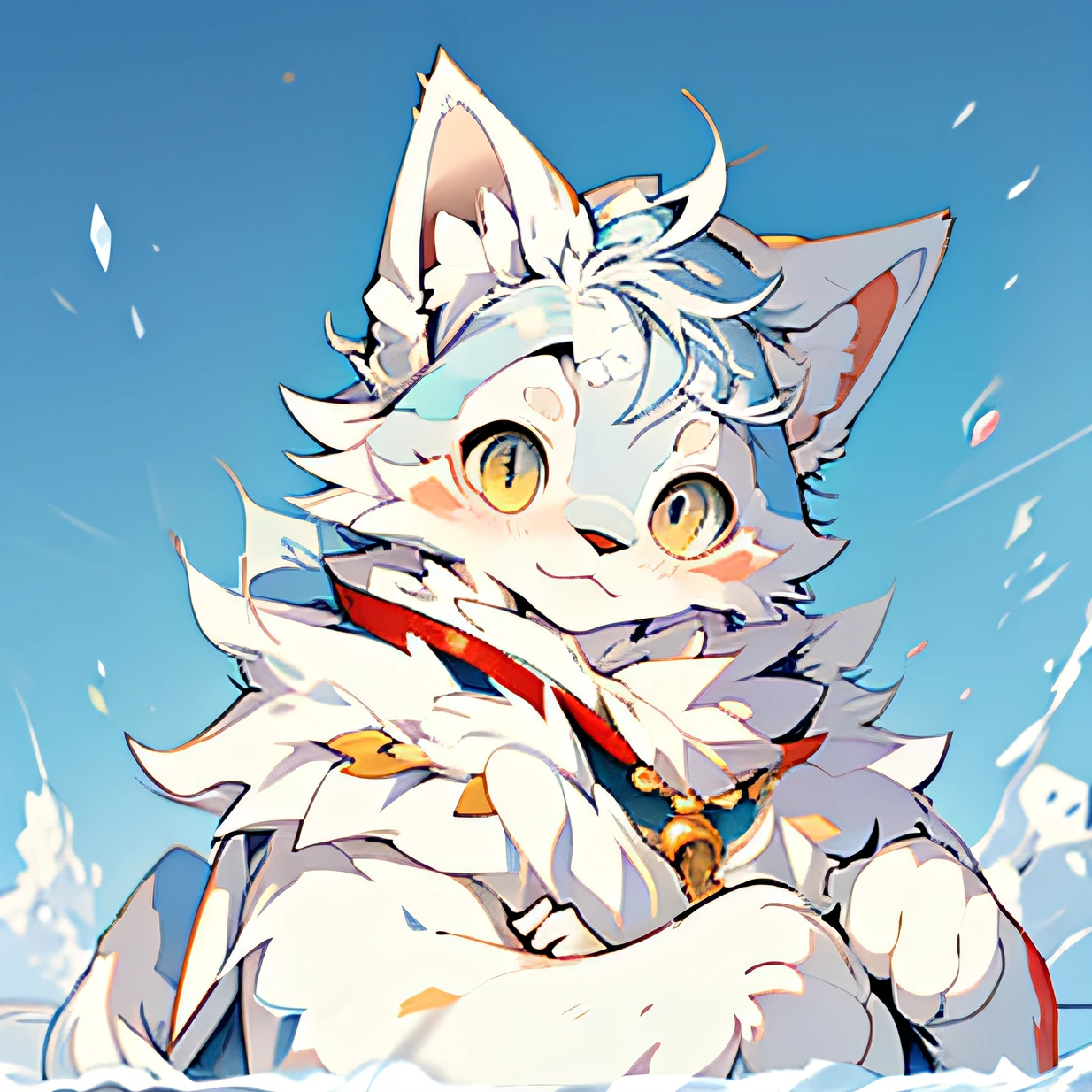 anime cat,gold eyes,White hair,There are blue hairs in the ears,There are red rosaries around the neck, very very beautiful furry art, Cute detailed digital art, anime cat, fursona art, anime visual of a cute cat, Furry art!!!, Digital art on Pixiv, Furry art, fursona furry art commission, Detailed fanart, furry digital art, lovely art style, Pixiv style, fleurfurr,Big brother in cats