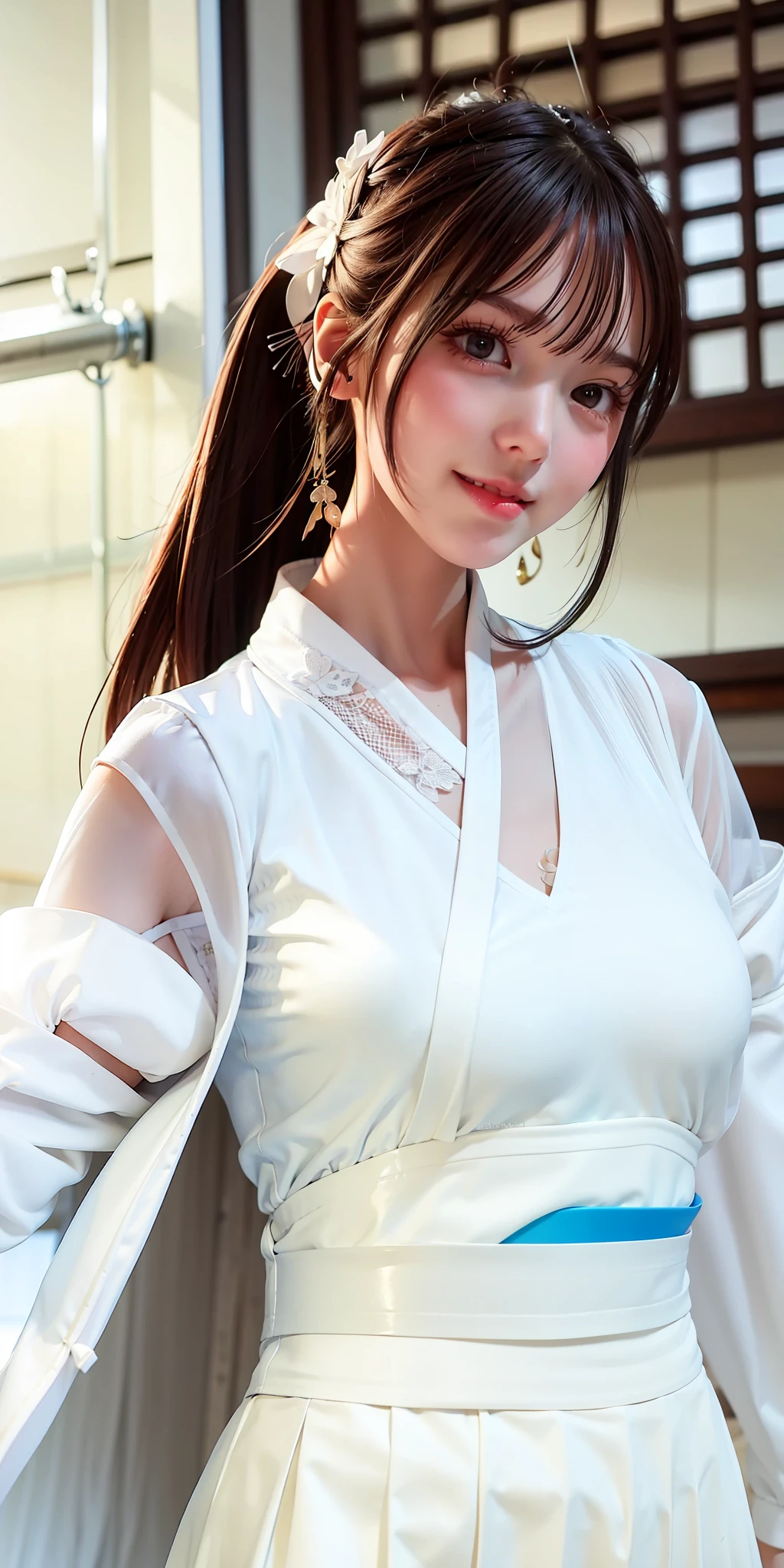 a close up of a woman in a white shirt and grey skirt, white hime cut hairstyle, smooth white tight clothes suit, White blouse, wearing white v - neck top, wearing shirt, white trendy clothes, White Hanfu, White color, In a white blouse shirt, loose coat collar sailor uniform, Korean girl, fine white shirt, young and cute girl
