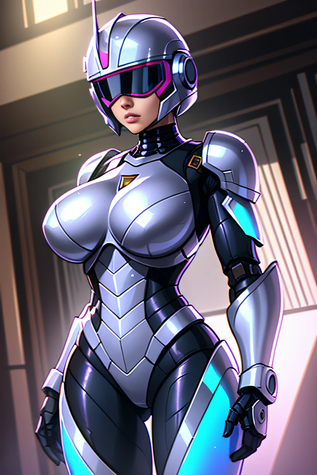 Female RoboCop、Armor that completely covers the whole body、Very large breast-shaped chest armor、Helmet that hides the eyes、Iridescent armor、Armor that completely covers the chest、Slender and long legs、Vibrant poses、Full body view