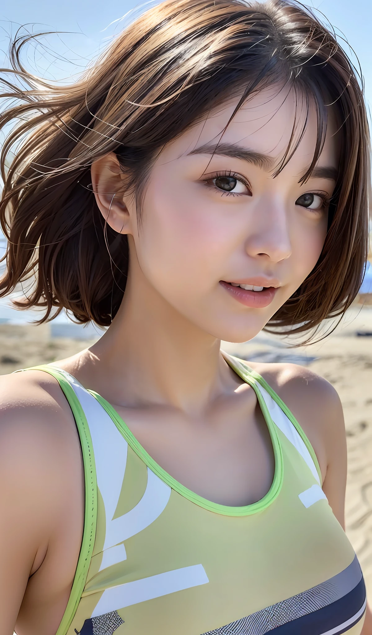 1 girl、sand beach、14years、((facial close-up))、((A look of victorious jubilation))、beachvolley、Sweat glows、(A detailed face)、Medium Hair、slim figure、Fluid movement、evening、Blur the background