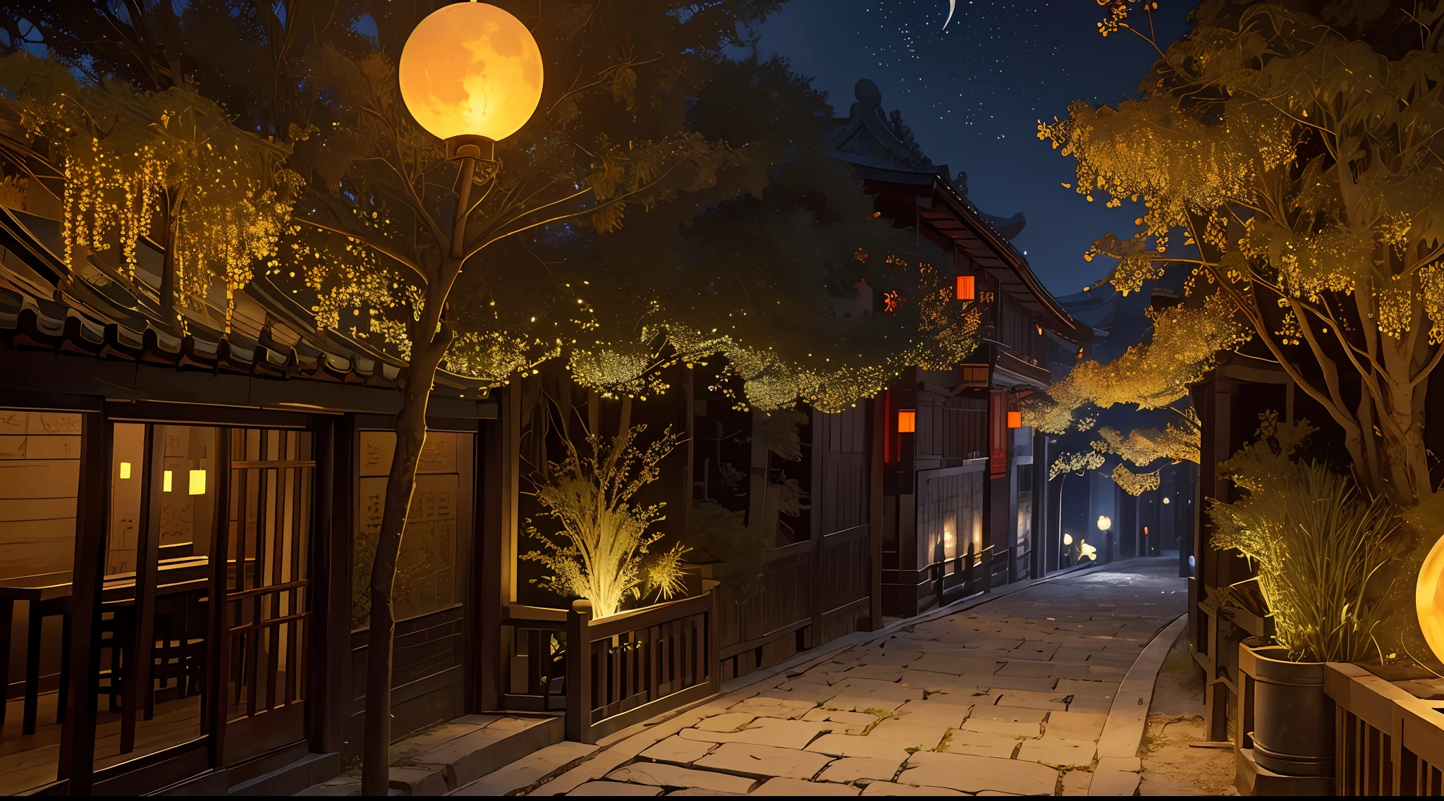 Official Art, Ancient China, Ancient Streets, (Lots of Fireflies), (Night), (Moon), Lights, Beautiful Landscapes, Epic Landscapes, Realistic Lights, Masterpiece, High Quality, Beautiful Graphics, High Detail , Global Illumination, Unreal Engine Rendering, Octane Rendering, (HDR: 1.3)