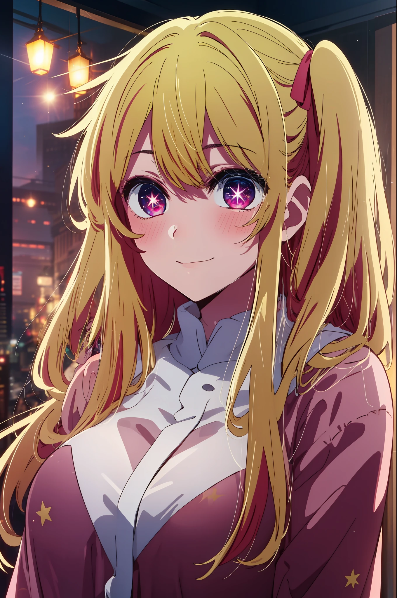 1girl, solo, Hoshino Ruby, symbol-shaped pupils, (left star-shaped pupils:1.2), sparkling eyes, (star in left eye:1.2), symbol in eye, red eyes, long hair, blonde hair, bangs, blush, (side ponytail:1.1), spotlight, smile, (masterpiece:1.2), highres, best quality, 8k, very clear, ((red pajamas)), (((close up))),  glow, on stage, hair ornament,, streaked hair, glowing eyes, medium breast, indoor house room background, 8k