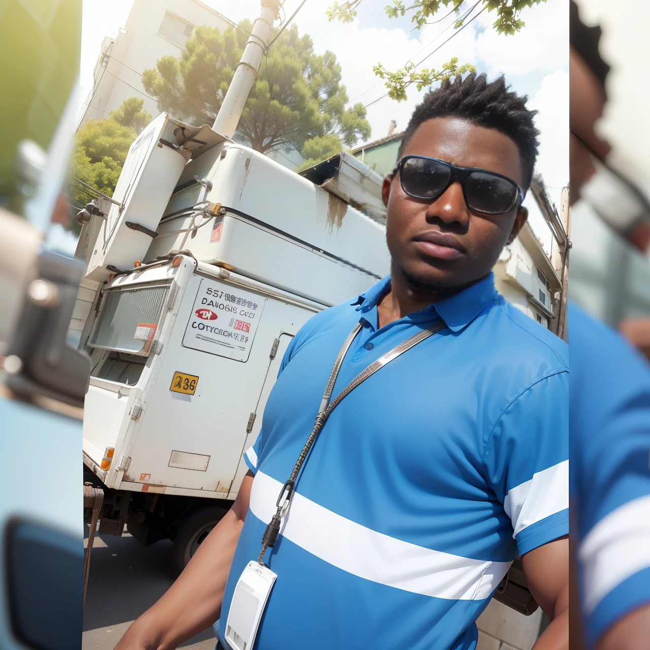 28-year-old man, black skin color, a little fat, working in the sun, behind a truck to get on the electric pole. --auto