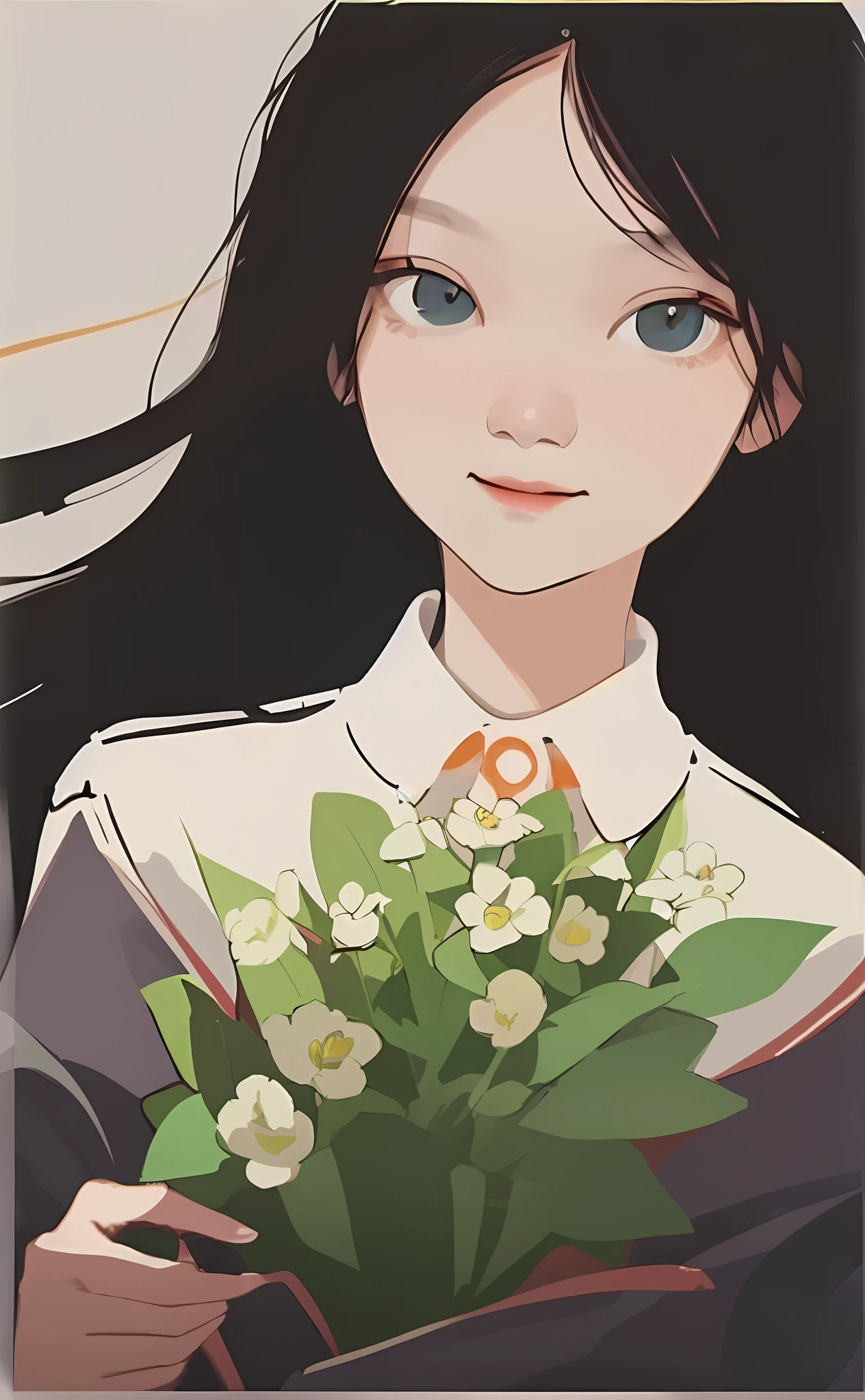 Anime girl holding a bouquet of flowers in her hand, With flowers, Guviz-style artwork, made with anime painter studio, drawn in anime painter studio, Guviz, Holding flowers, Artgerm and Atey Ghailan, lofi portrait, carrying flowers, ilya kuvshinov with long hair, flowers in her dark hair