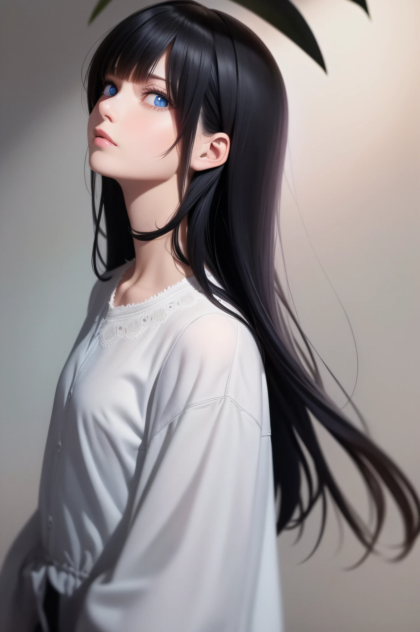 best quality, masterpiece, black hair, blue eyes, looking up, upper body