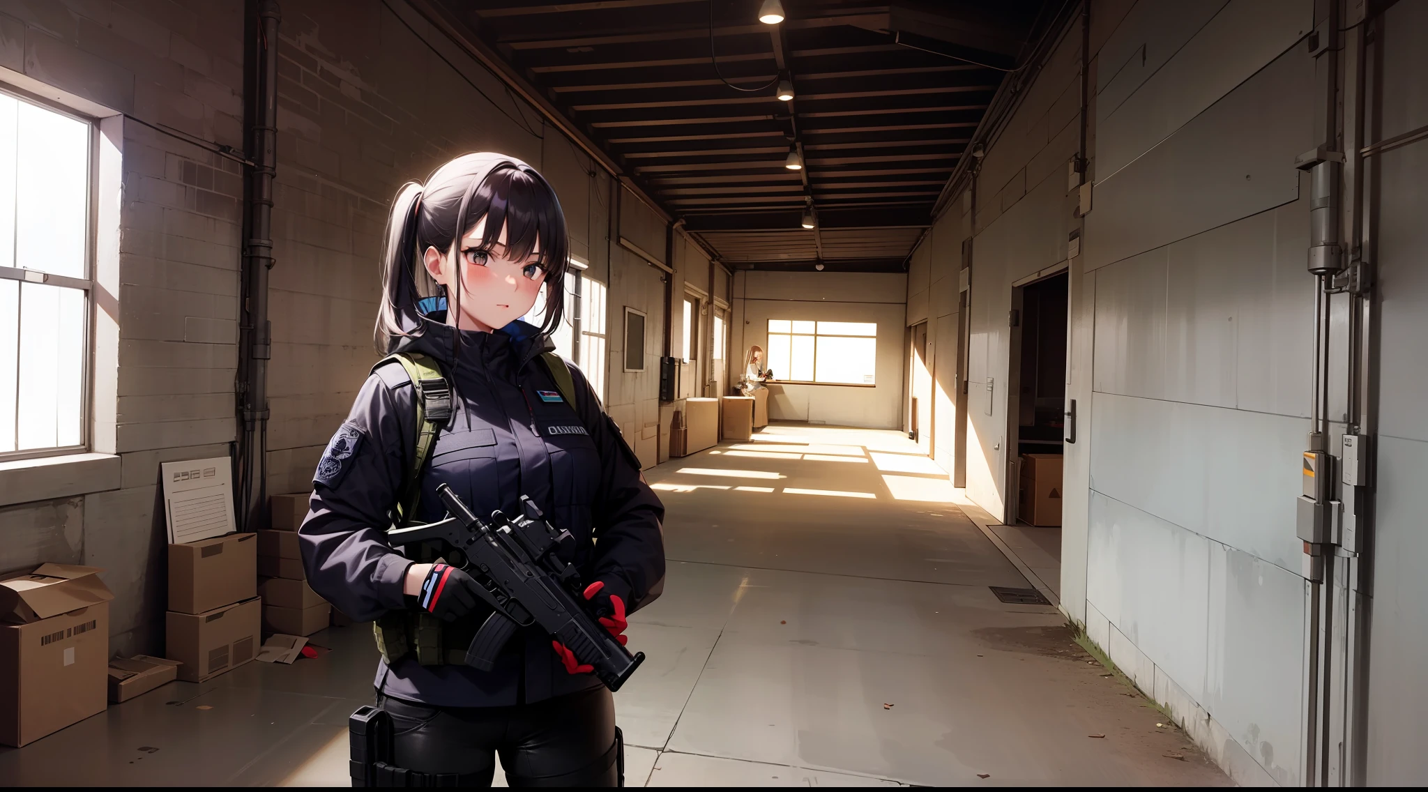 1 girl, handgun, in the dark warehouse, black clothes, special operations, special force, cinematic action