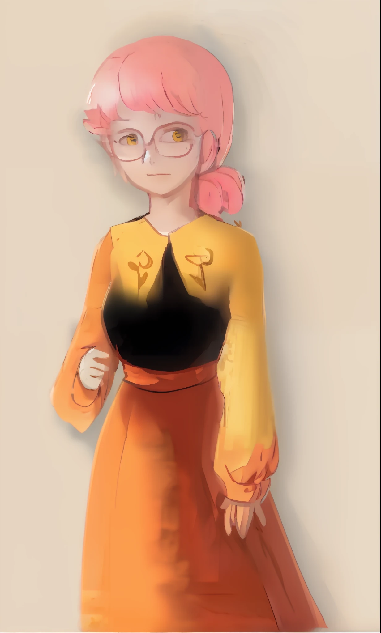 Line drawings are colored,Full and bright,Clear and delicate,Easy and natural,detail-rich,vintagestyle,It's like an oil painting,Vivid expressions,Light and shadow interlace,Create warm light,Natural light,Soft shadows,Pink hair,Long dress, oily yellow。