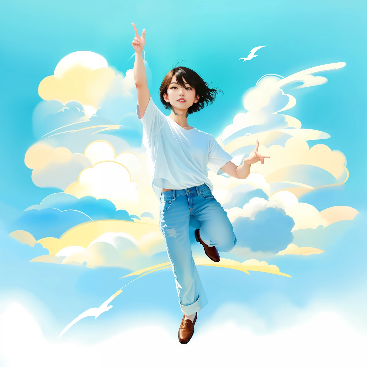 Short-cut hair、white shirt、In jeans、