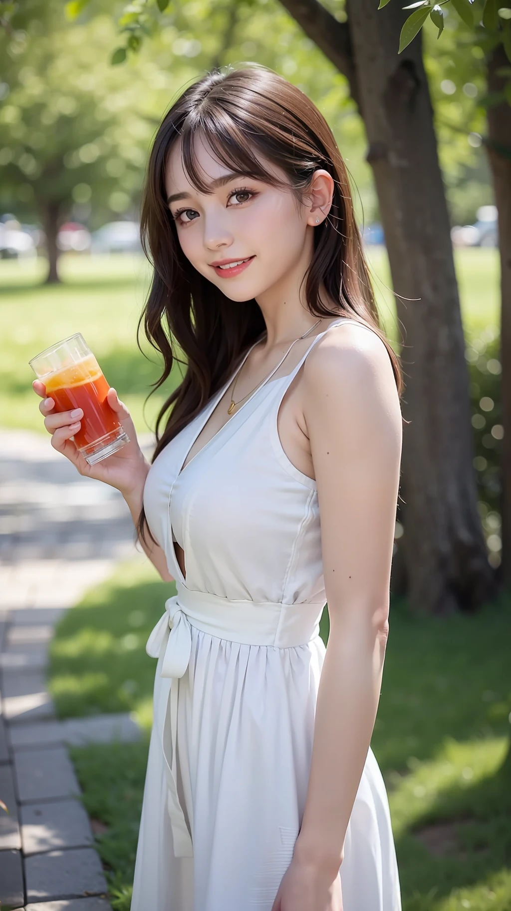Imagine a serene summer day, with a gentle breeze rustling through lush green trees. The sun shines brightly, casting a warm golden glow over the surroundings. In the midst of this idyllic setting, there stands a transcendental pretty girl.

She exudes an aura of effortless beauty, with sun-kissed skin glowing under a clear blue sky. Her flowing, wavy hair dances in the wind, reflecting the sunlight like strands of spun gold. Adorned in a vibrant sundress, adorned with delicate floral patterns, she looks like a walking epitome of summer itself.

Engrossed in the moment, she might be seen sitting on a soft, checkered picnic blanket, surrounded by a field of wildflowers. With a joyous smile on her face and a sparkle in her eyes, she plucks a daisy from the ground, letting the petals fall softly into the breeze.

In the background, you can hear the rhythmic hum of insects, the chirping of birds, and the distant sound of waves crashing against a beach. It's as if the whole world comes alive to accompany her in this moment of pure bliss.

Perhaps she's sipping on a refreshing lemonade, a glass filled with ice cubes clinking melodically against the sides. Or maybe she's holding a book, her eyes filled with wonder as she gets lost in the pages of a captivating story.

The scene absolutely buzzes with the vibrancy of life, as if nature itself is drawn to her presence. As she embraces the beauty of the world around her, it's as if she becomes a part of it, seamlessly blending with the summer's pure essence.